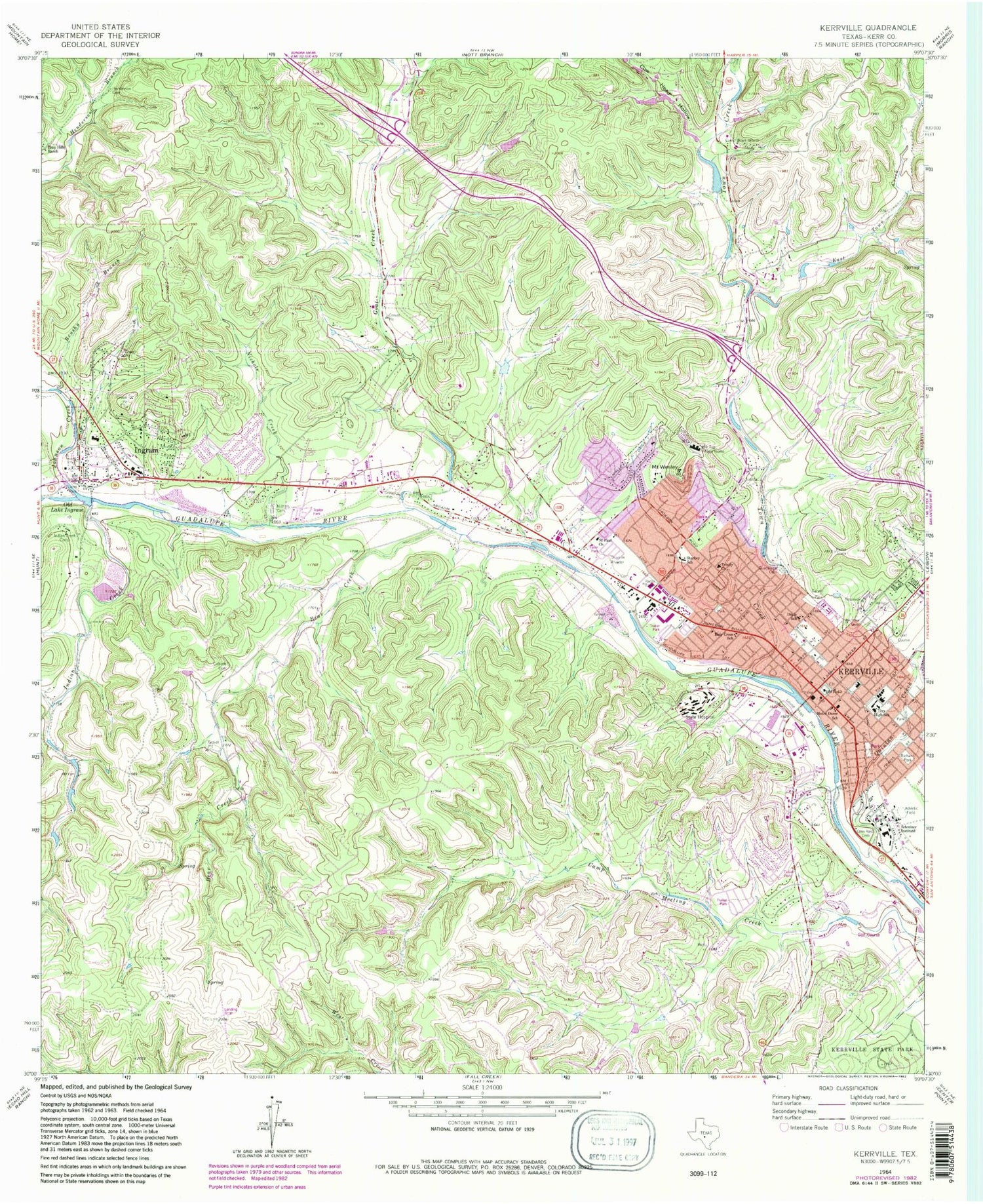 Classic USGS Kerrville Texas 7.5'x7.5' Topo Map Image