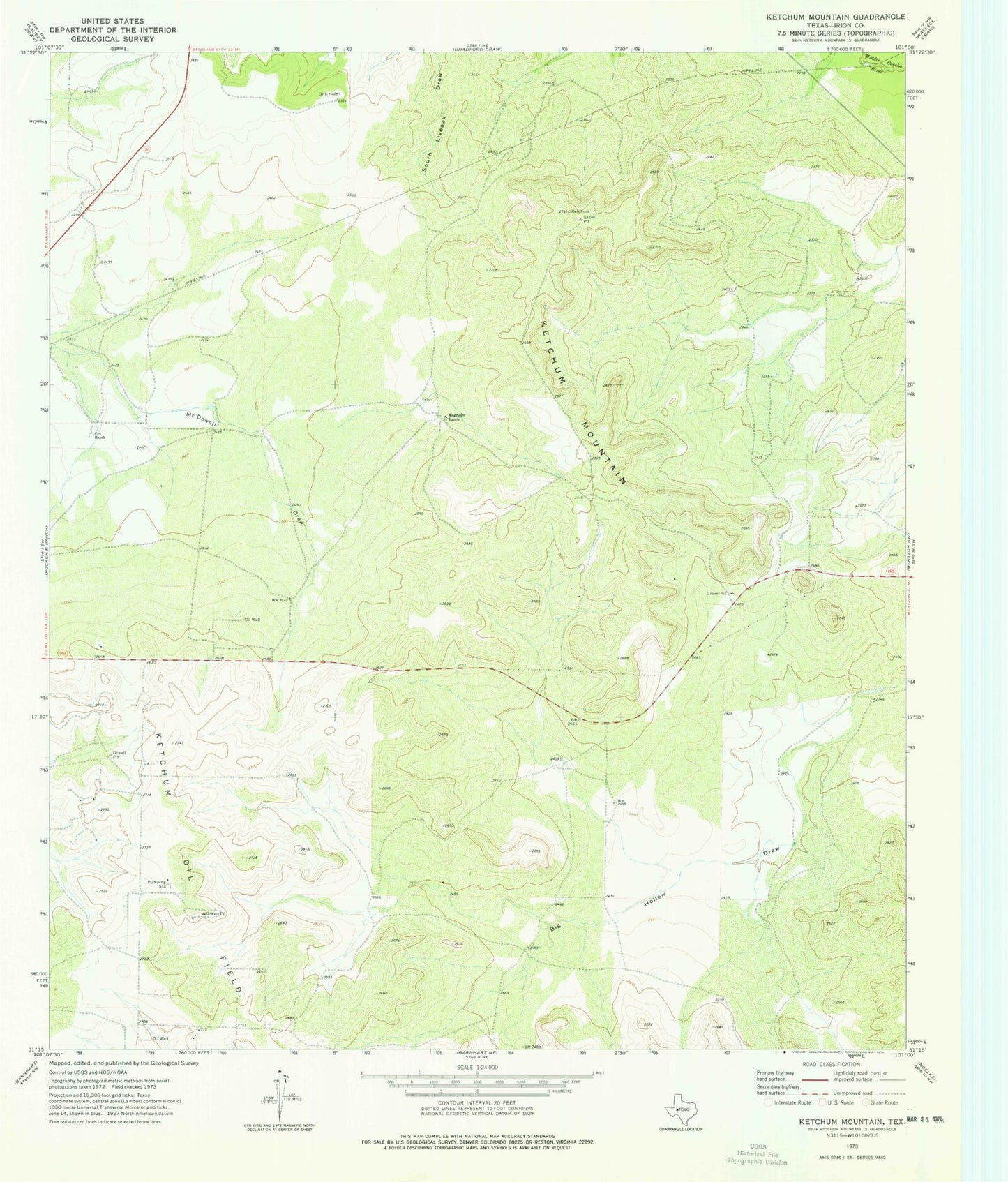Classic USGS Ketchum Mountain Texas 7.5'x7.5' Topo Map Image