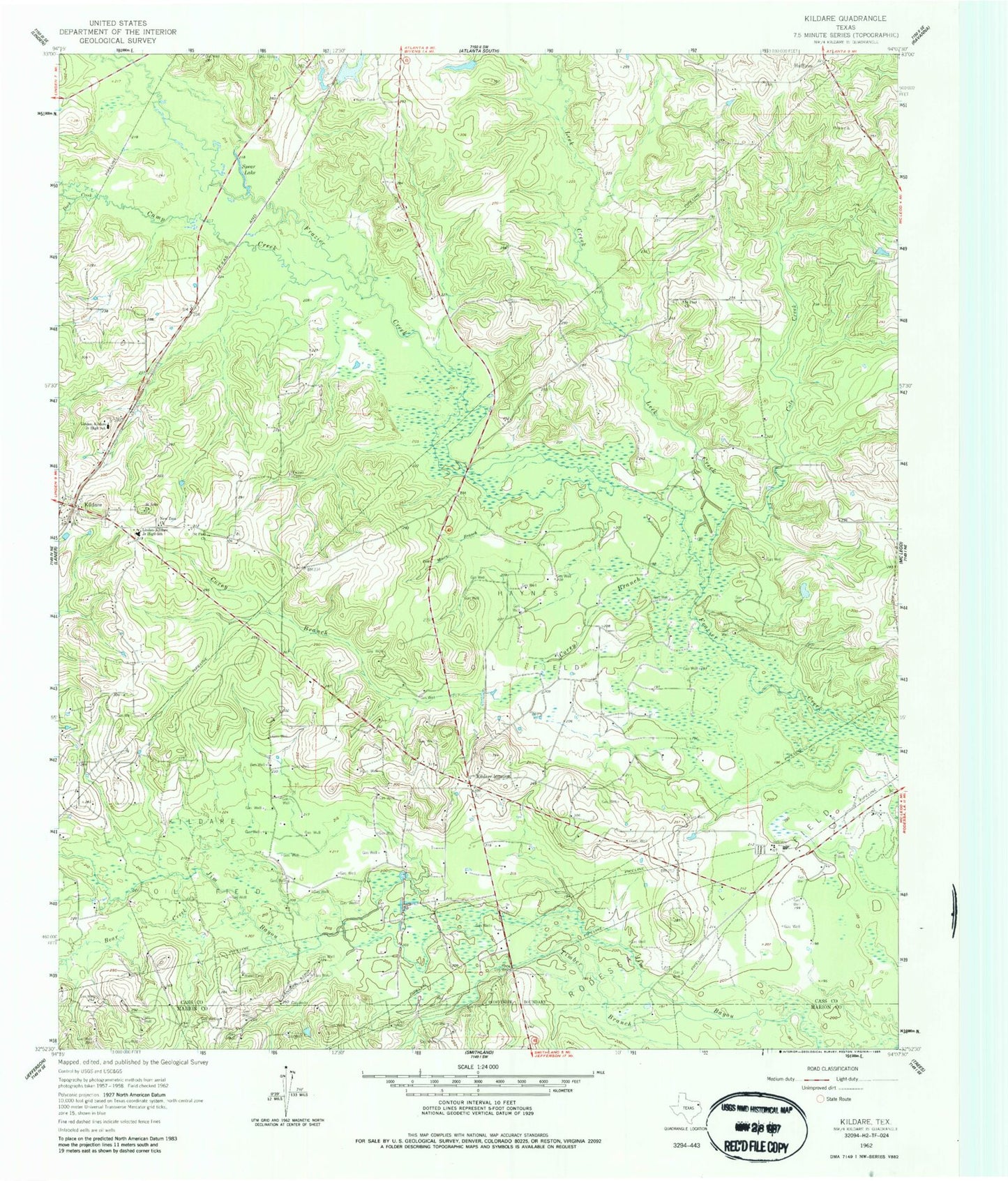 Classic USGS Kildare Texas 7.5'x7.5' Topo Map Image