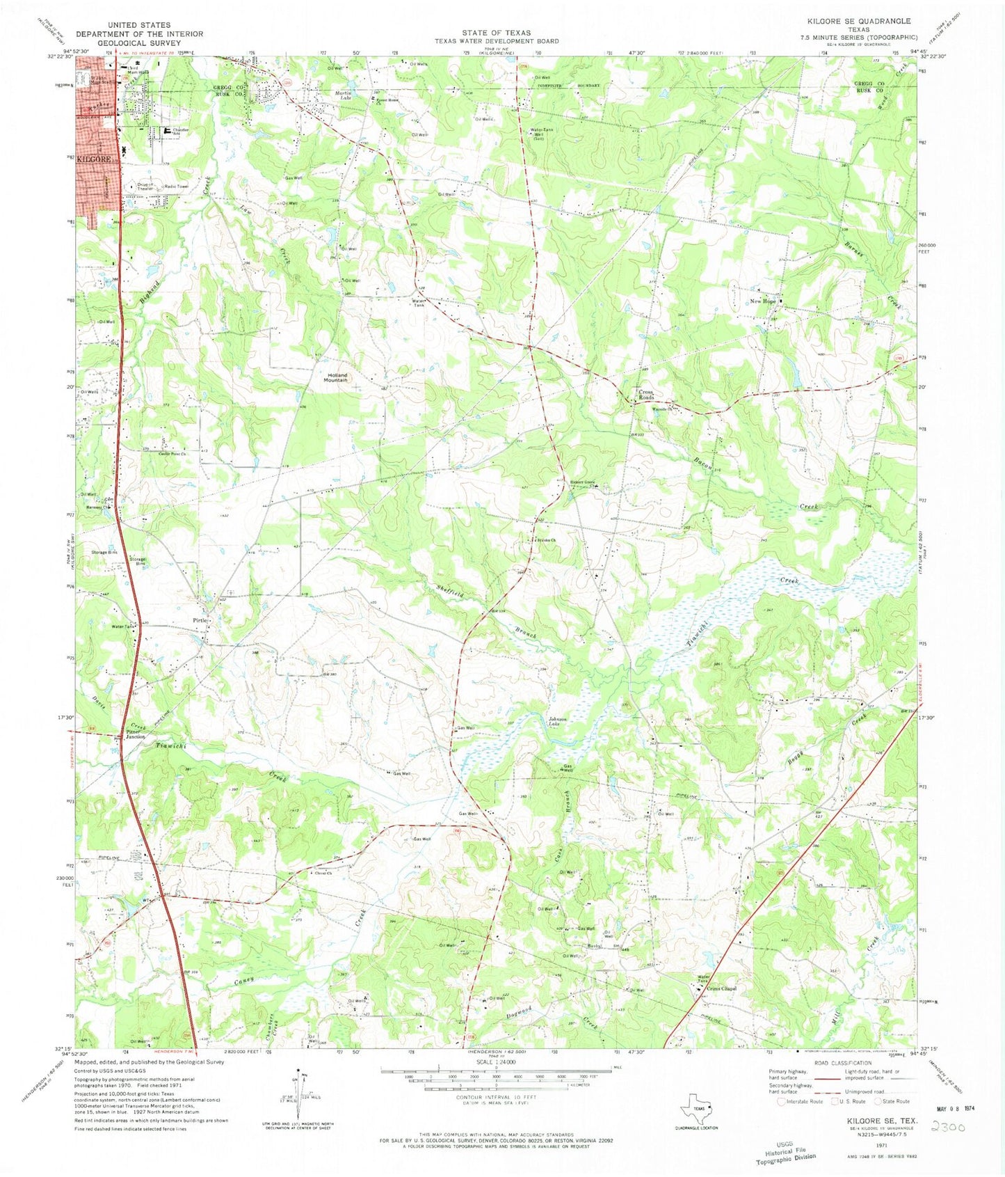 Classic USGS Kilgore SE Texas 7.5'x7.5' Topo Map Image