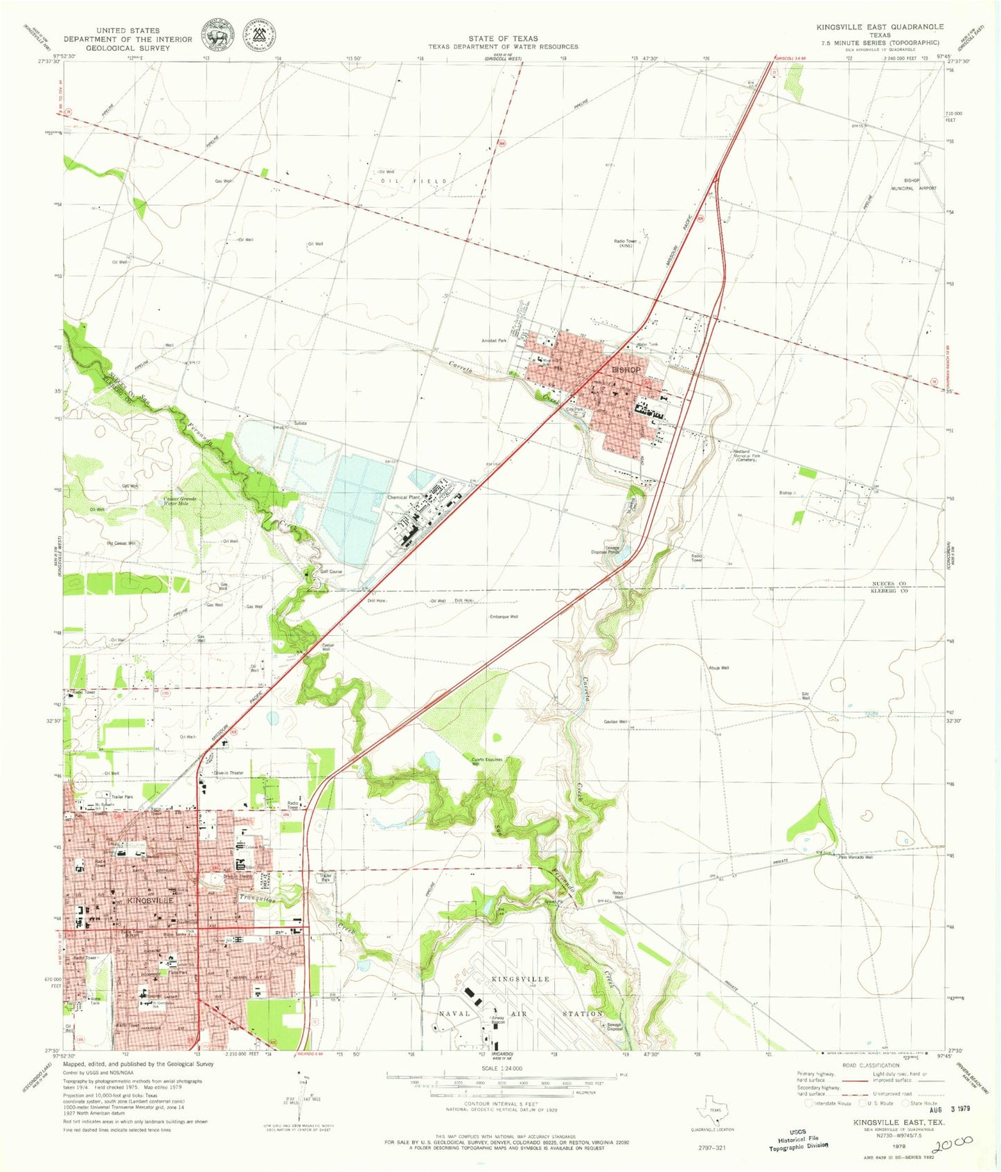 Classic USGS Kingsville East Texas 7.5'x7.5' Topo Map Image