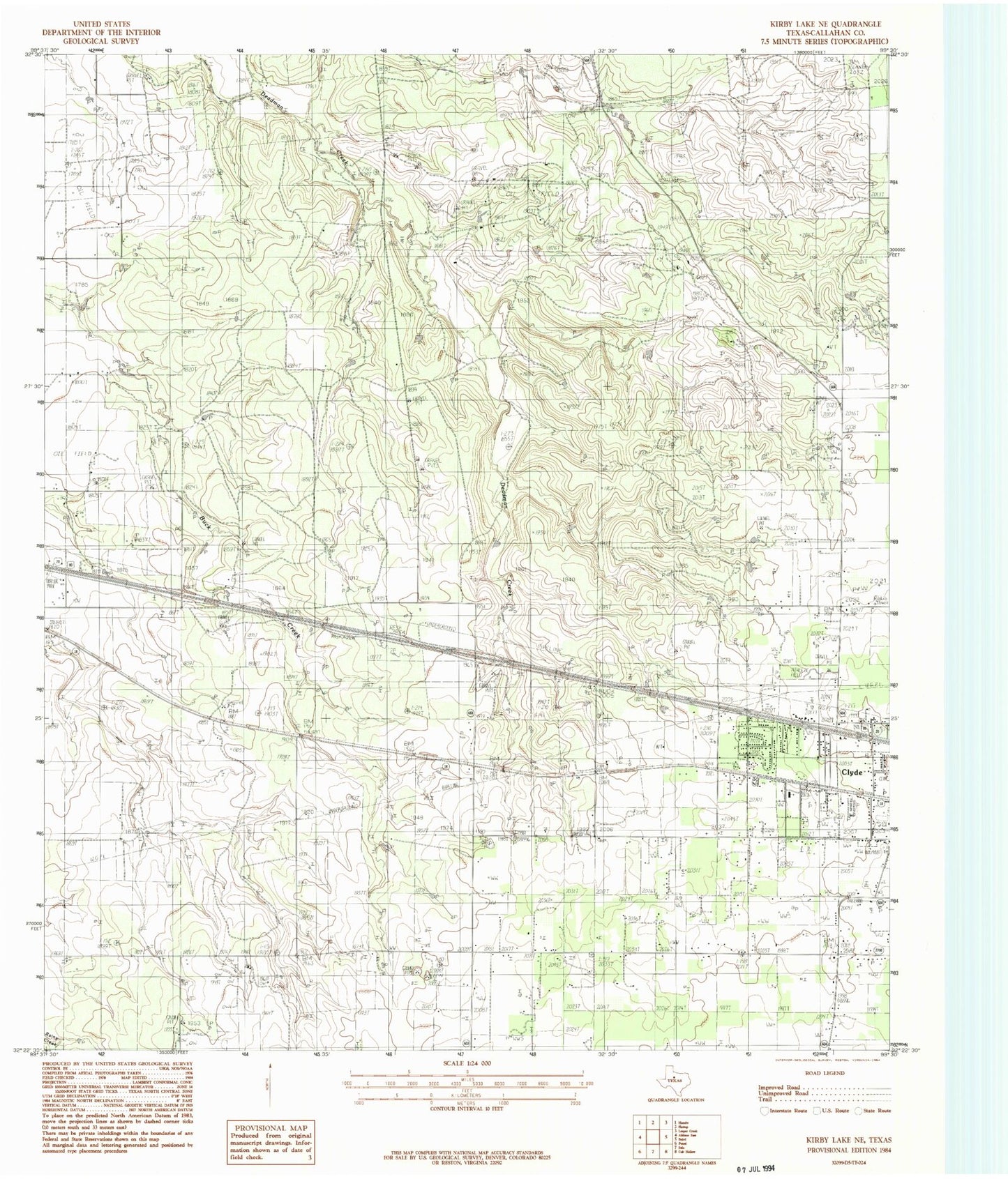 Classic USGS Kirby Lake NE Texas 7.5'x7.5' Topo Map Image