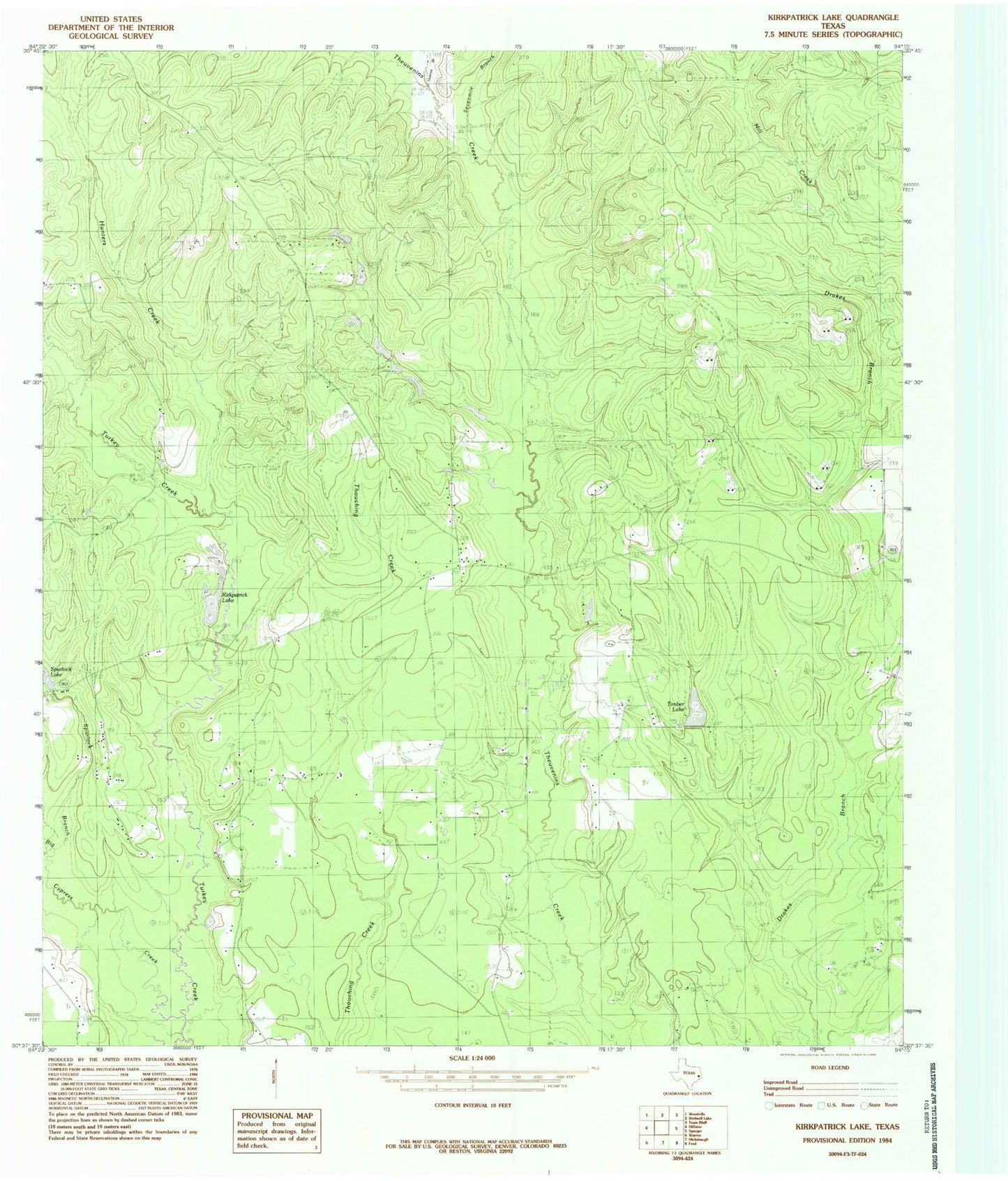 Classic USGS Kirkpatrick Lake Texas 7.5'x7.5' Topo Map Image