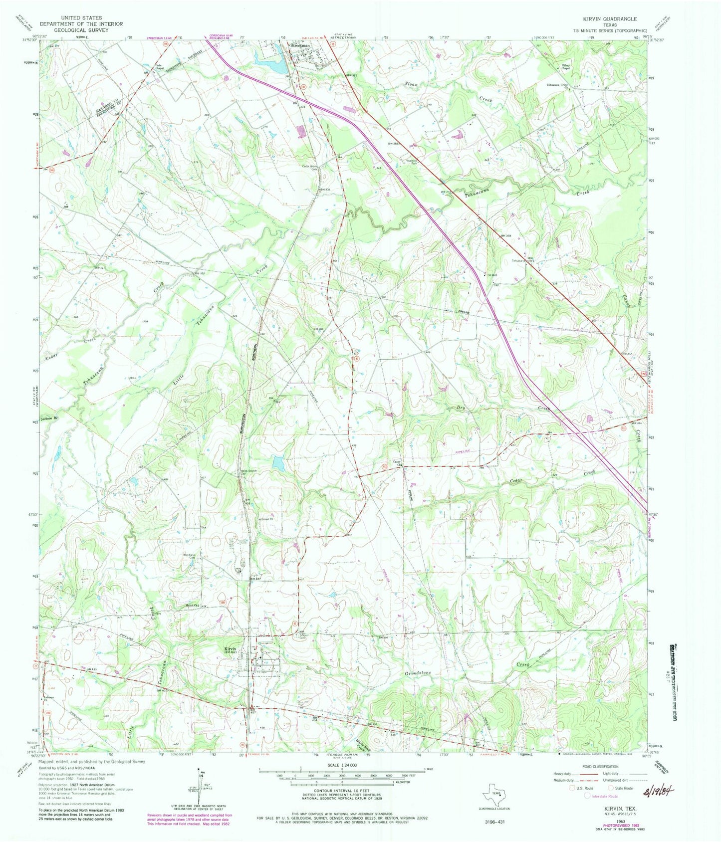 Classic USGS Kirvin Texas 7.5'x7.5' Topo Map Image