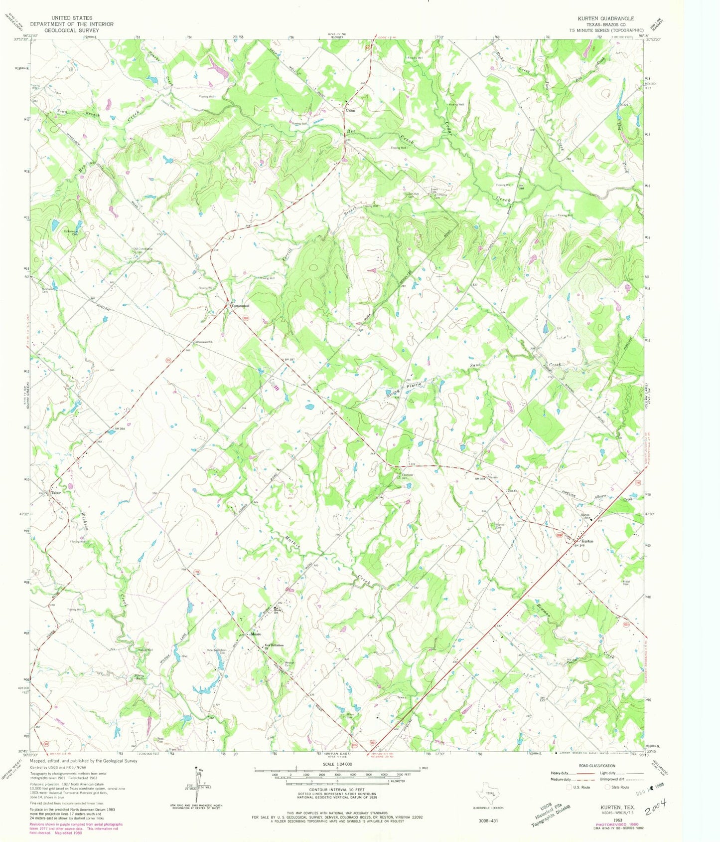 Classic USGS Kurten Texas 7.5'x7.5' Topo Map Image