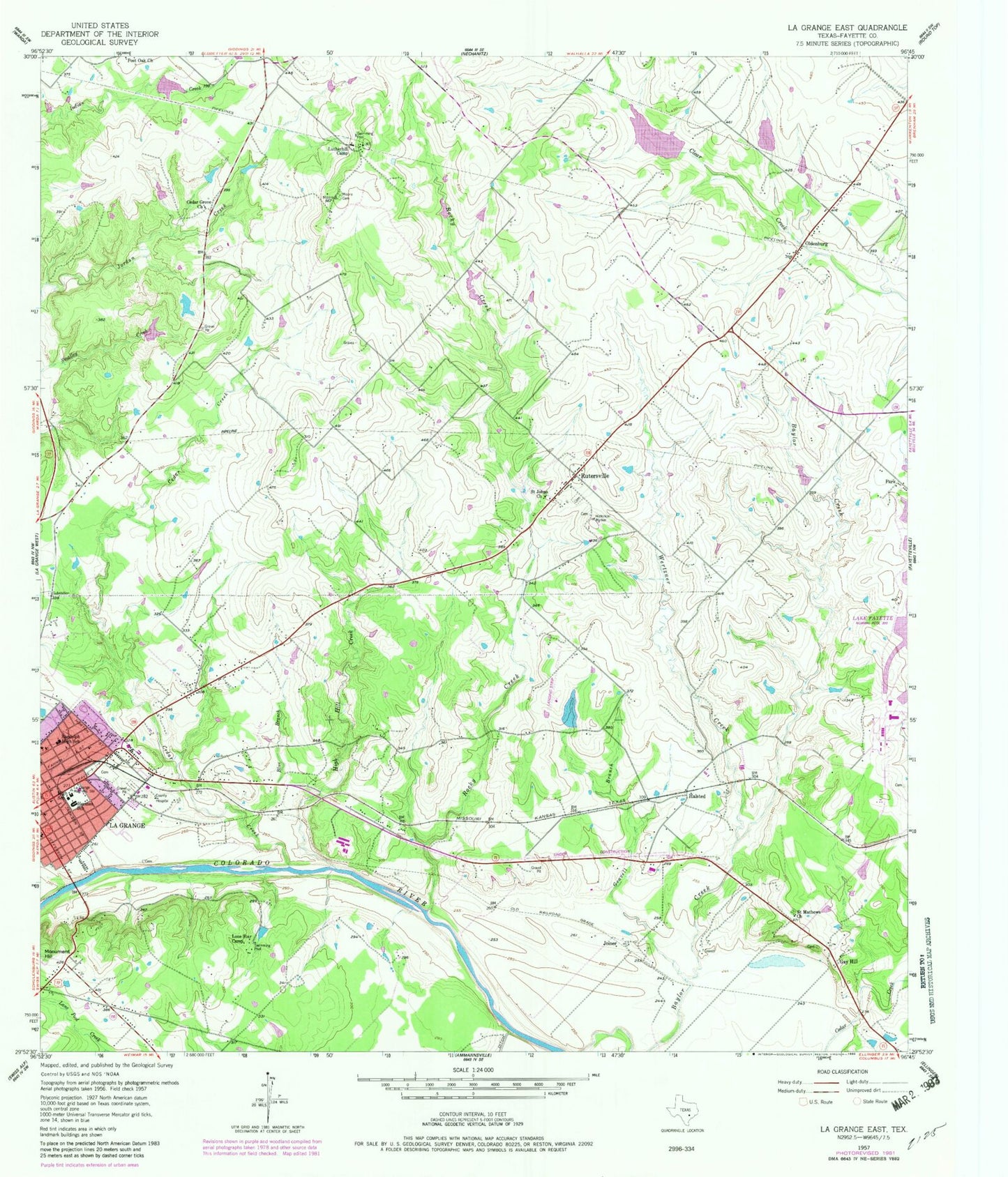 Classic USGS La Grange East Texas 7.5'x7.5' Topo Map Image