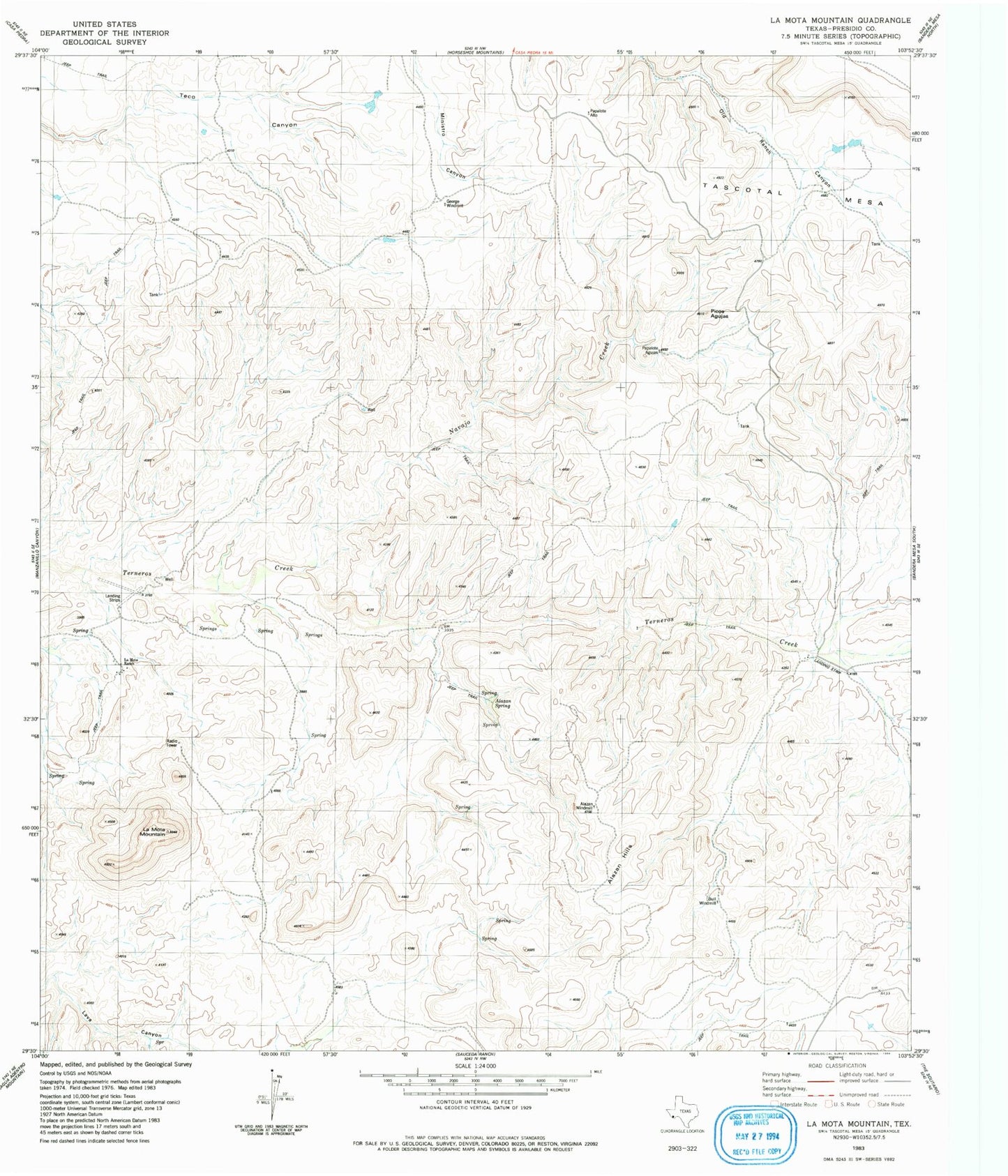 Classic USGS La Mota Mountain Texas 7.5'x7.5' Topo Map Image
