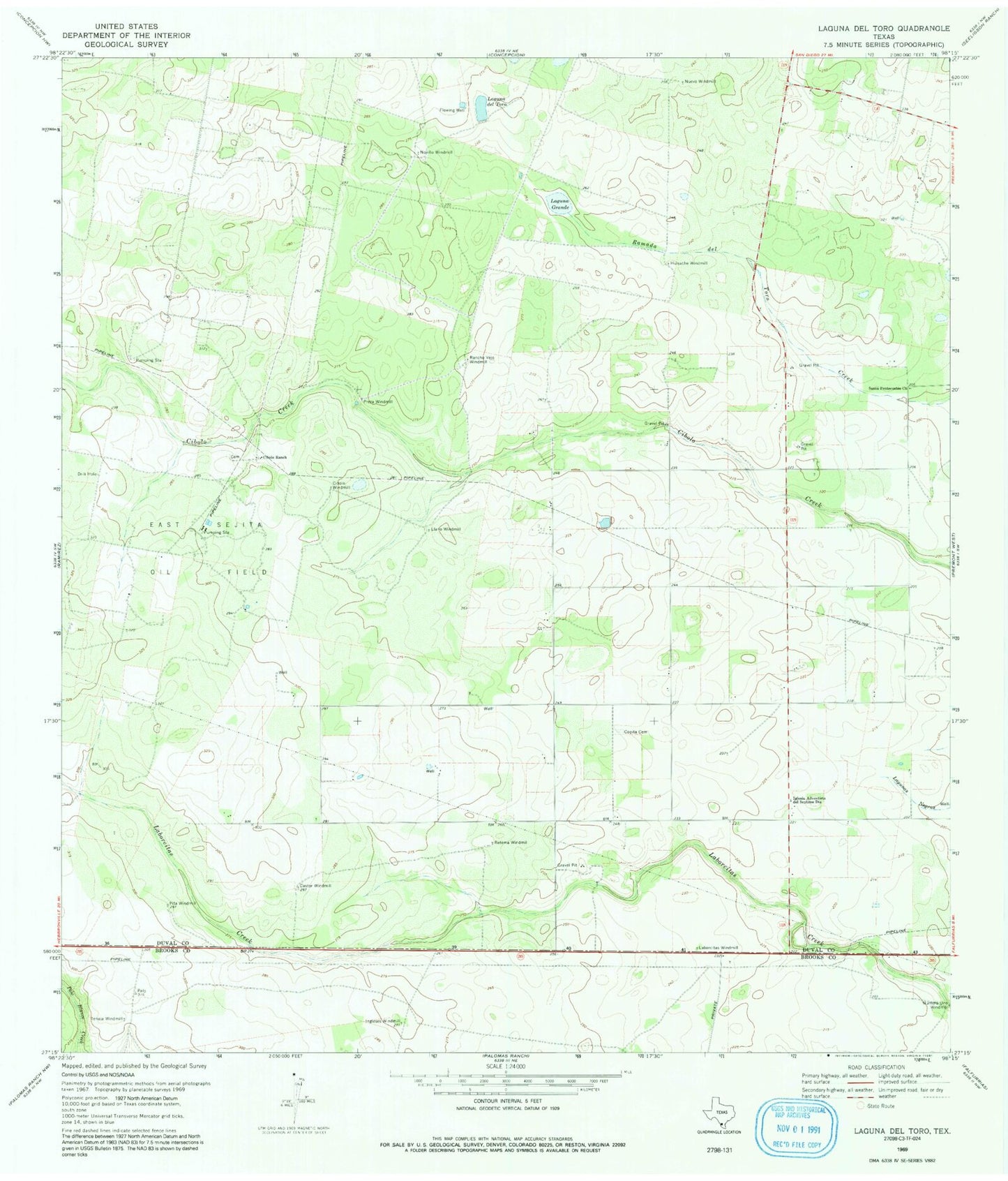 Classic USGS Laguna Del Toro Texas 7.5'x7.5' Topo Map Image