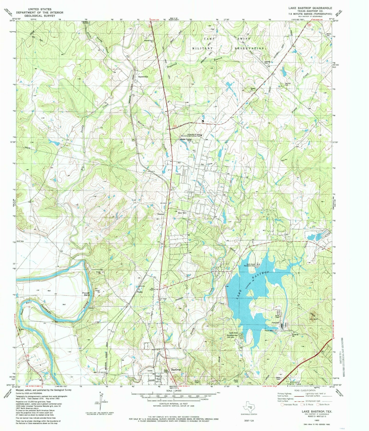 Classic USGS Lake Bastrop Texas 7.5'x7.5' Topo Map Image