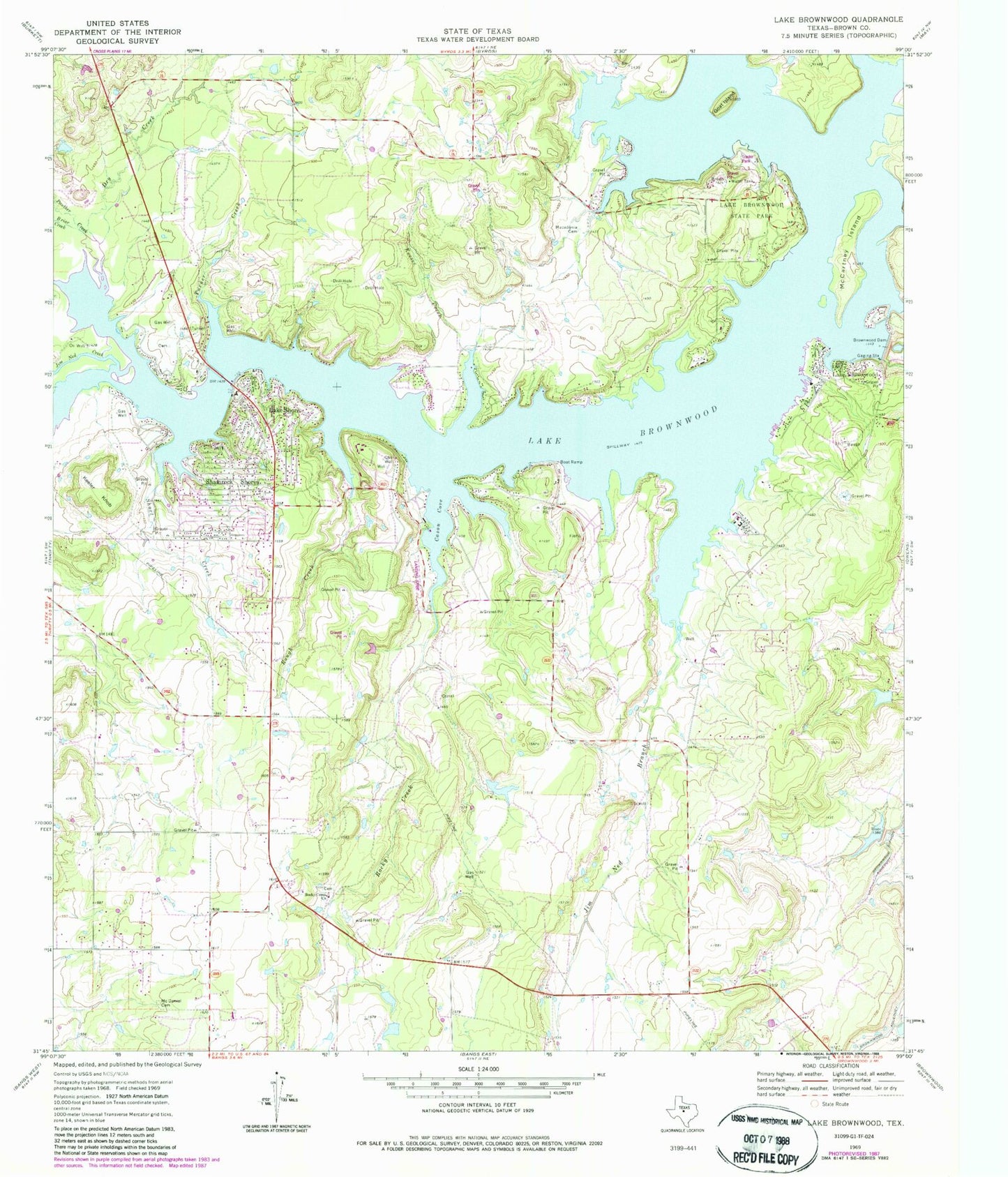 Classic USGS Lake Brownwood Texas 7.5'x7.5' Topo Map Image