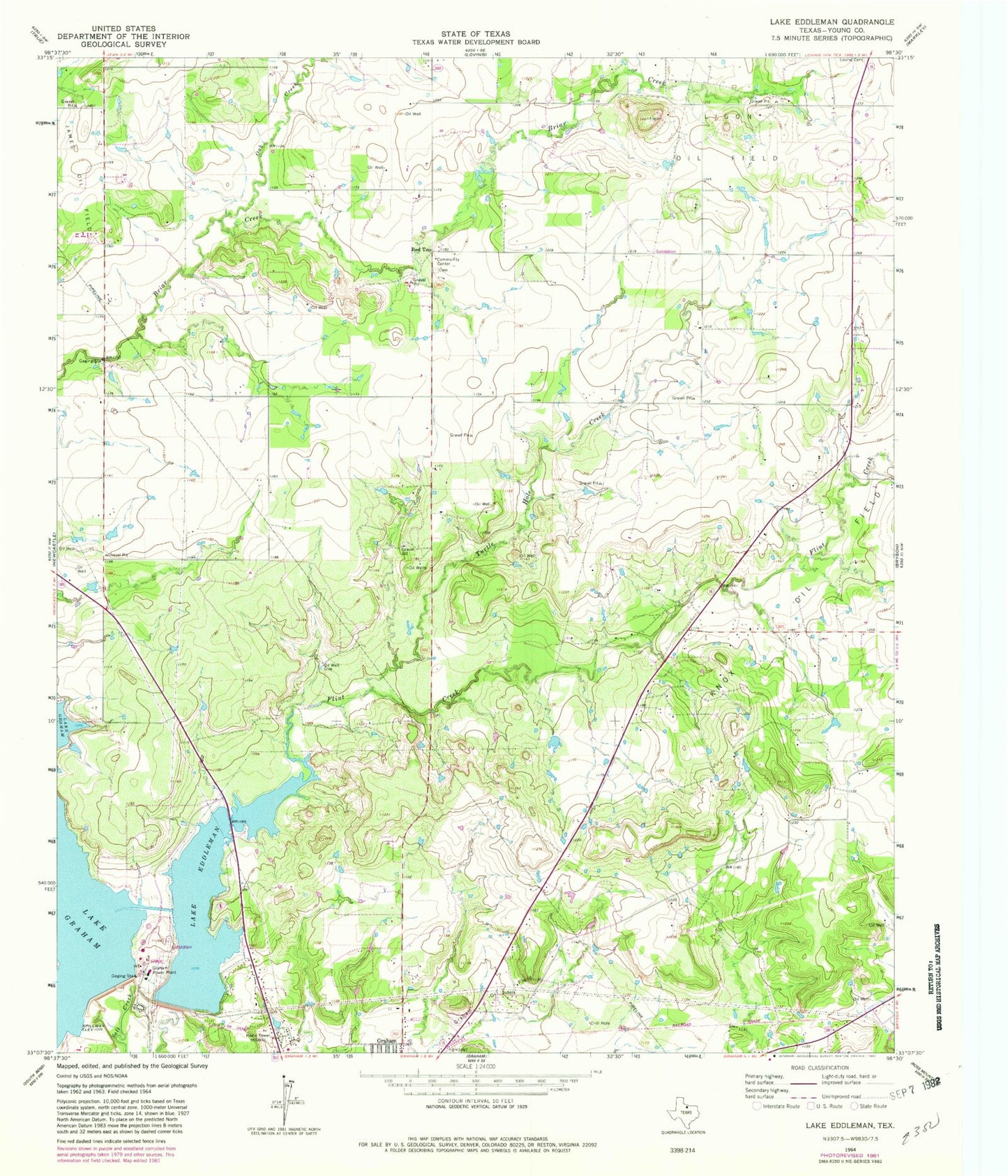 Classic USGS Lake Eddleman Texas 7.5'x7.5' Topo Map Image