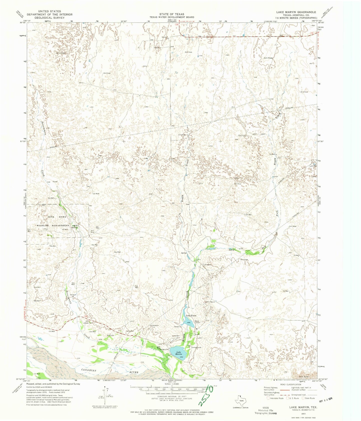 Classic USGS Lake Marvin Texas 7.5'x7.5' Topo Map Image
