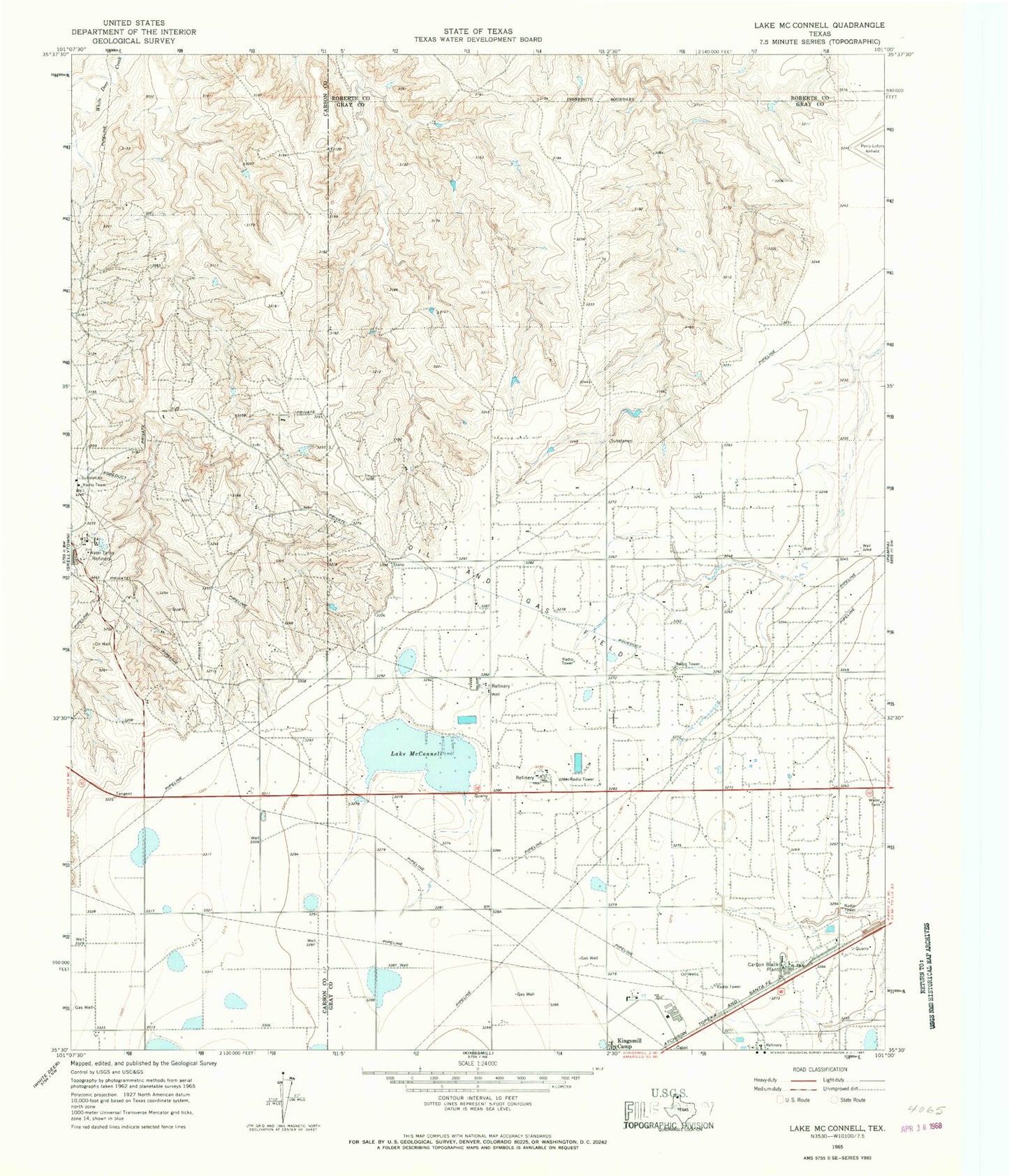 Classic USGS Lake McConnell Texas 7.5'x7.5' Topo Map Image