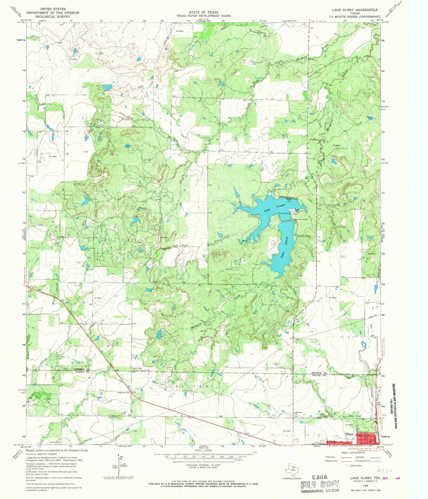 Classic USGS Lake Olney Texas 7.5'x7.5' Topo Map Image