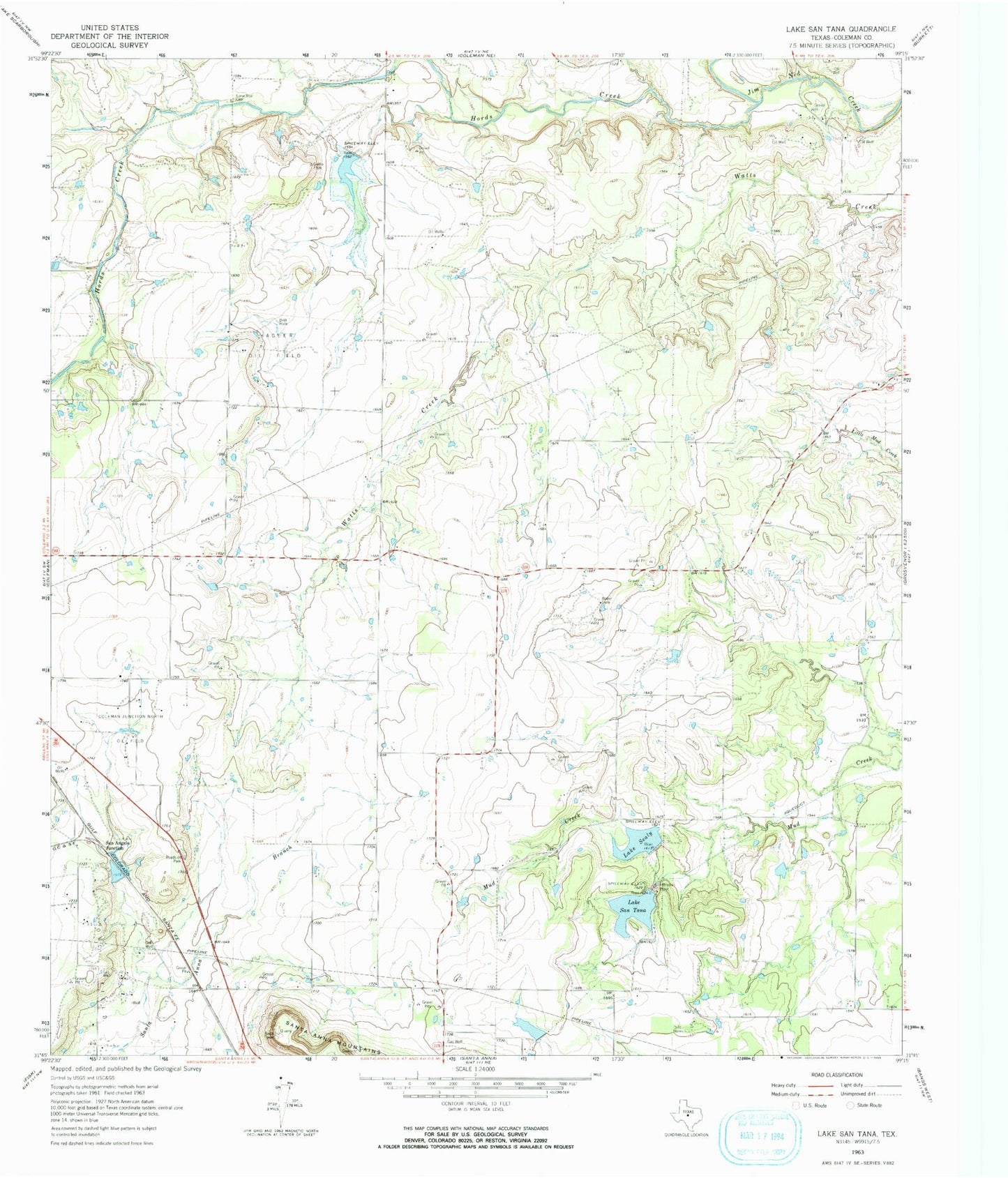 Classic USGS Lake San Tana Texas 7.5'x7.5' Topo Map Image