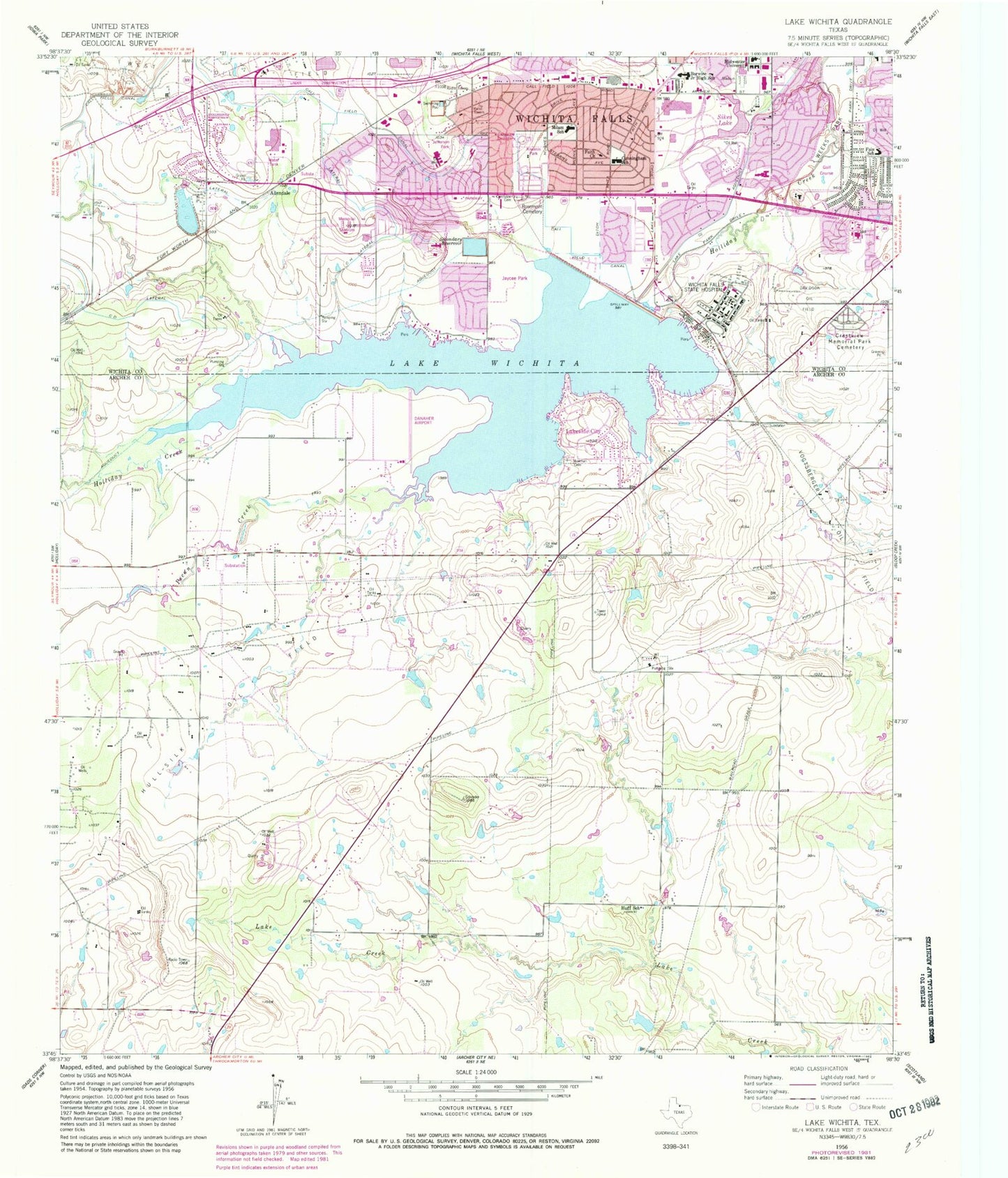 Classic USGS Lake Wichita Texas 7.5'x7.5' Topo Map Image