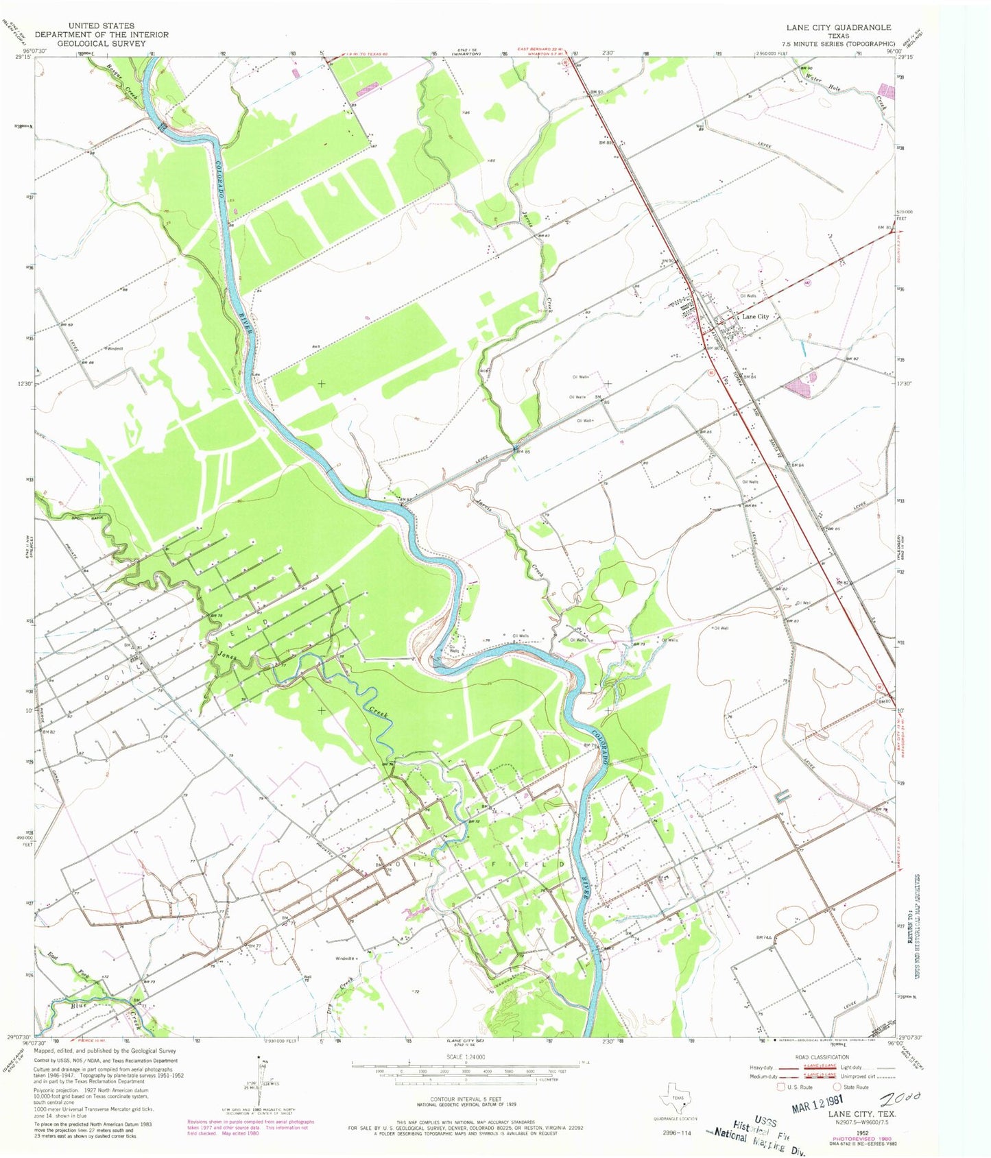 Classic USGS Lane City Texas 7.5'x7.5' Topo Map Image