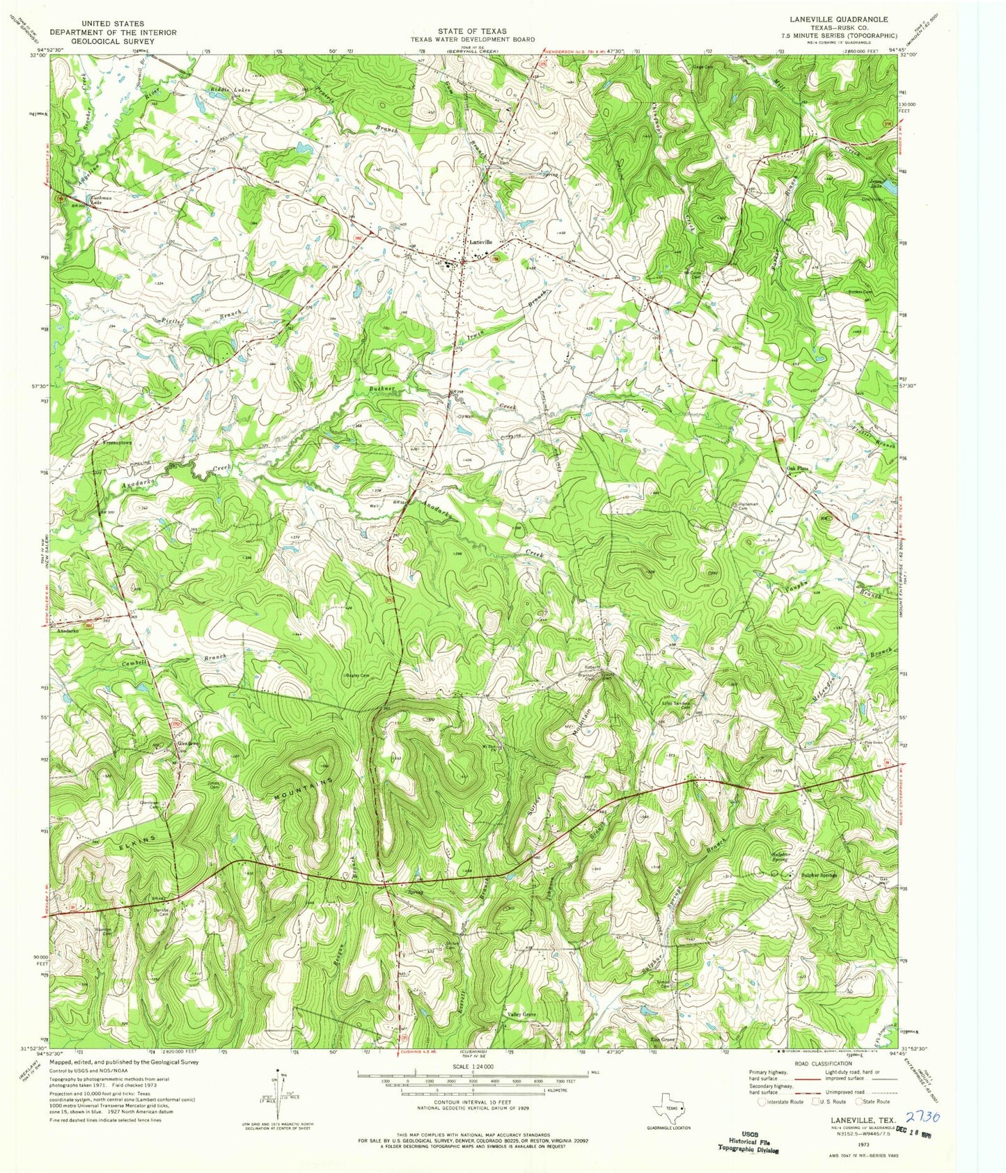 Classic USGS Laneville Texas 7.5'x7.5' Topo Map Image