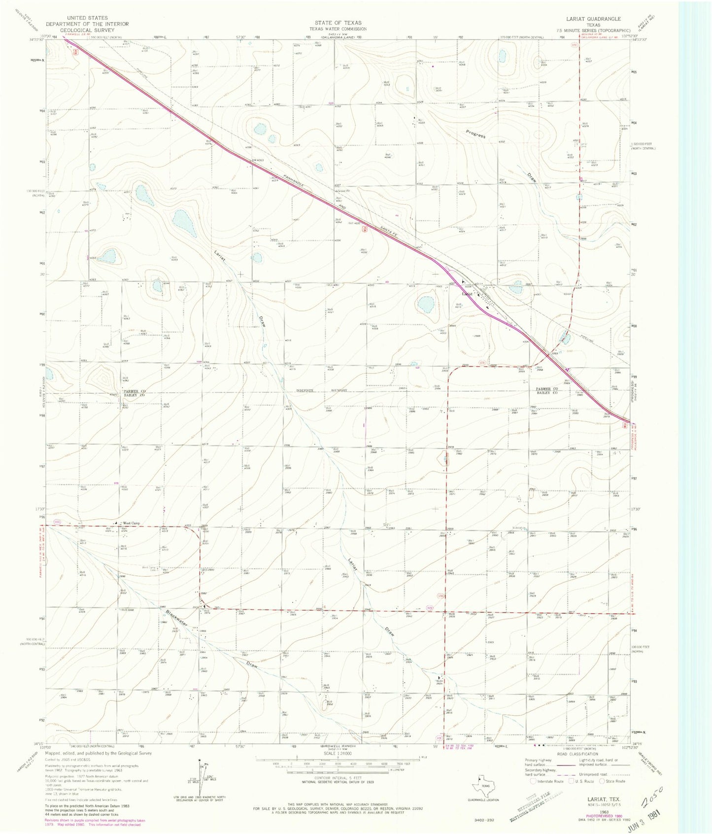 Classic USGS Lariat Texas 7.5'x7.5' Topo Map Image