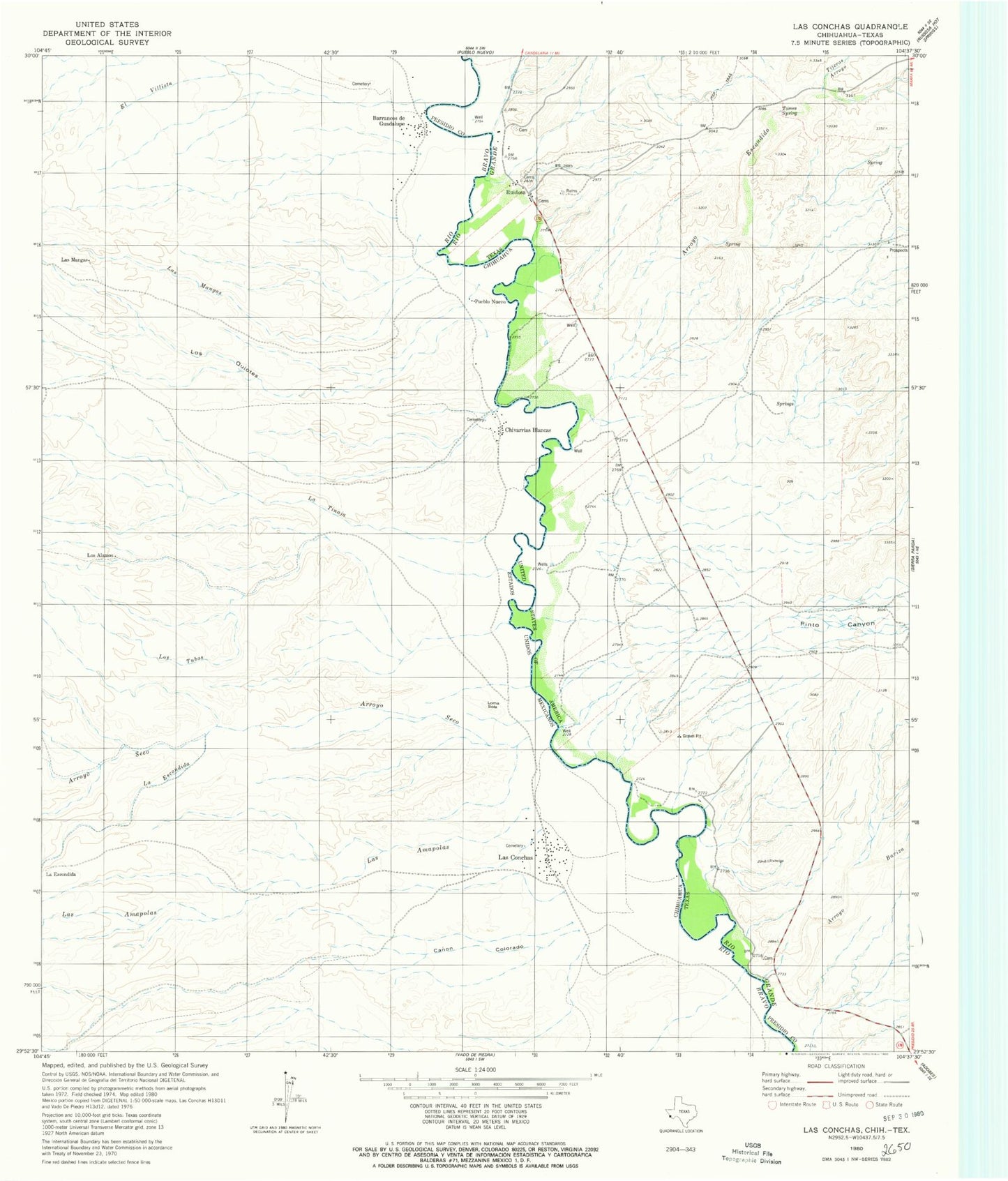 Classic USGS Las Conchas Texas 7.5'x7.5' Topo Map Image