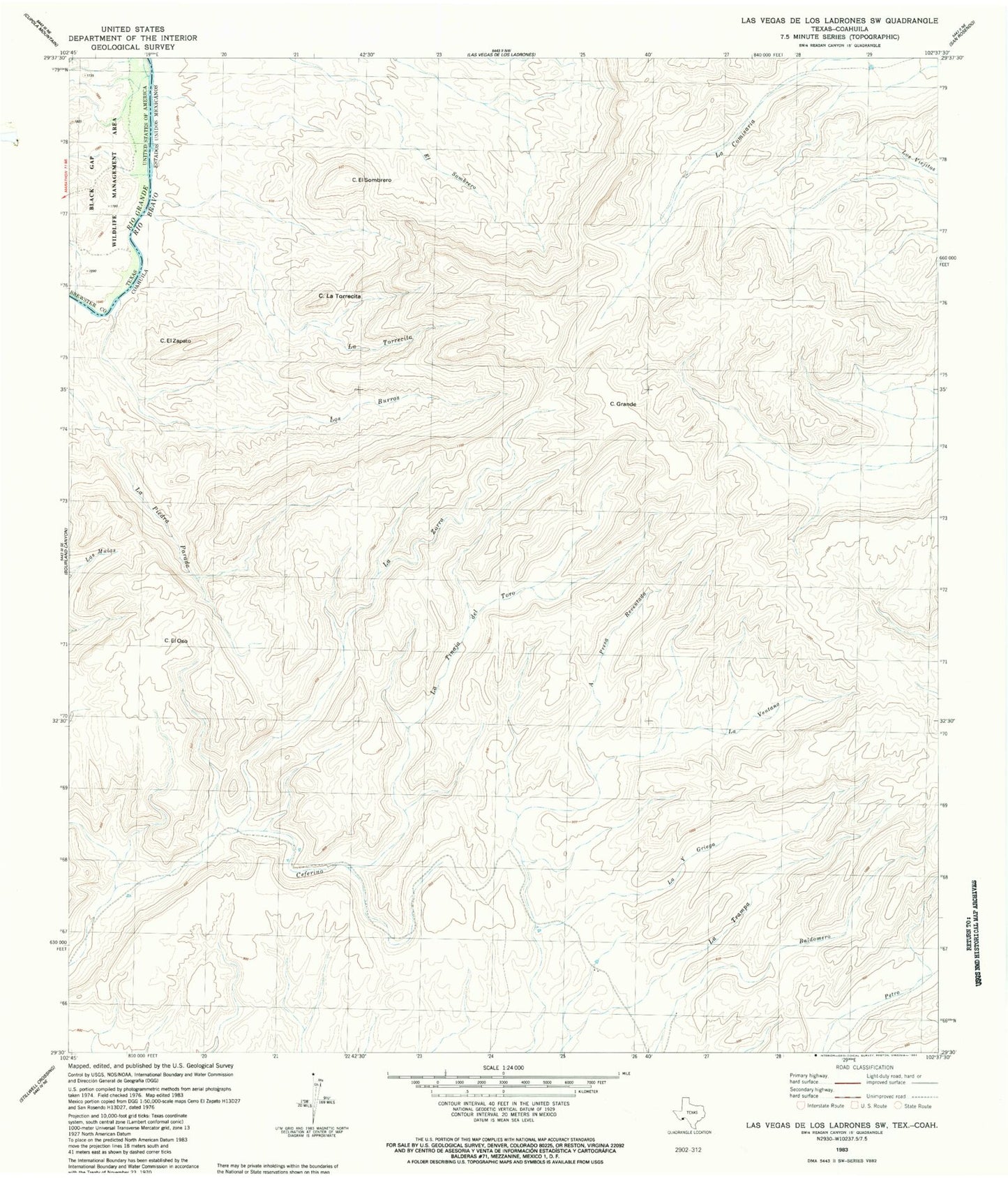Classic USGS Las Vegas De Los Ladrones SW Texas 7.5'x7.5' Topo Map Image