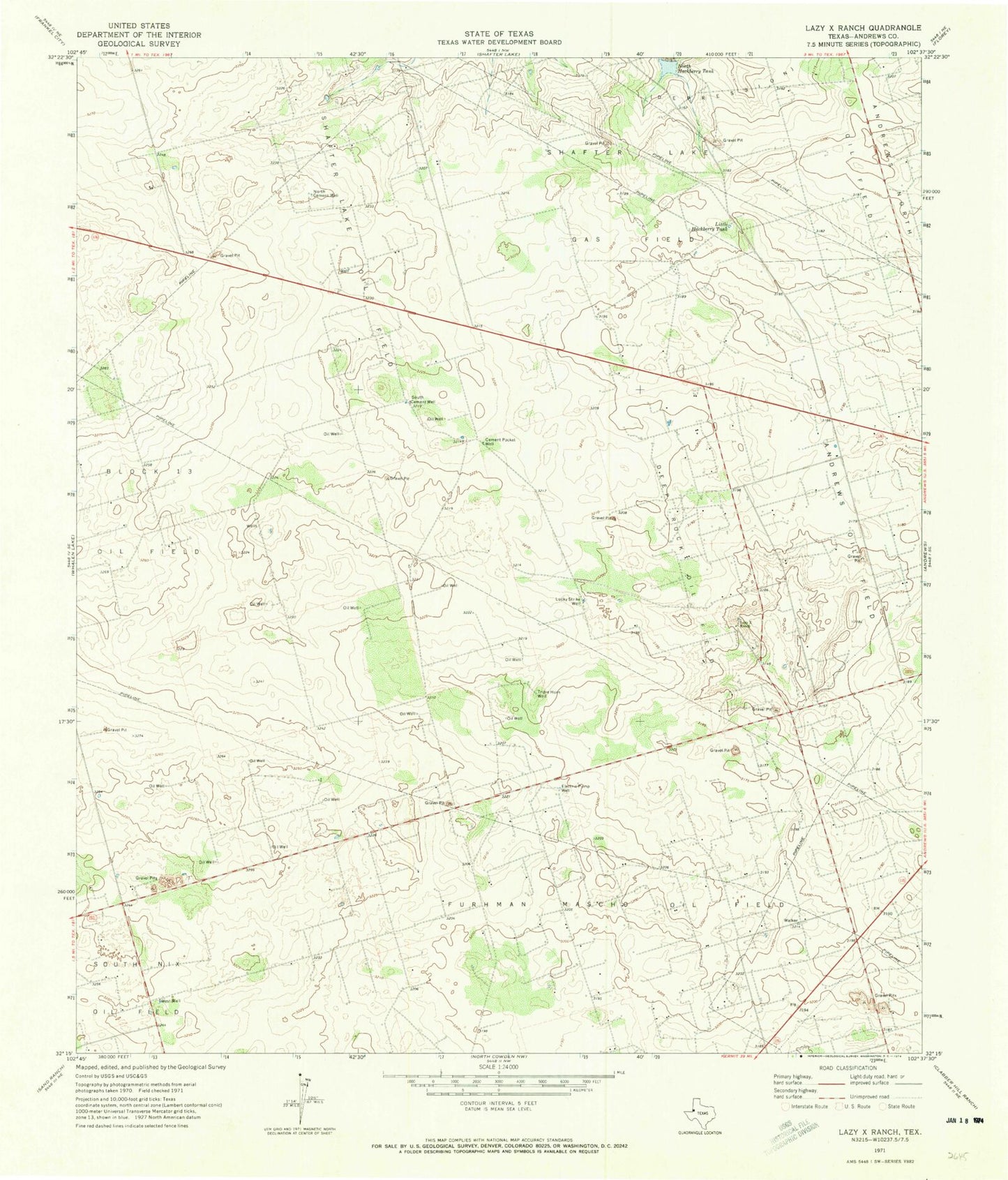 Classic USGS Lazy X Ranch Texas 7.5'x7.5' Topo Map Image