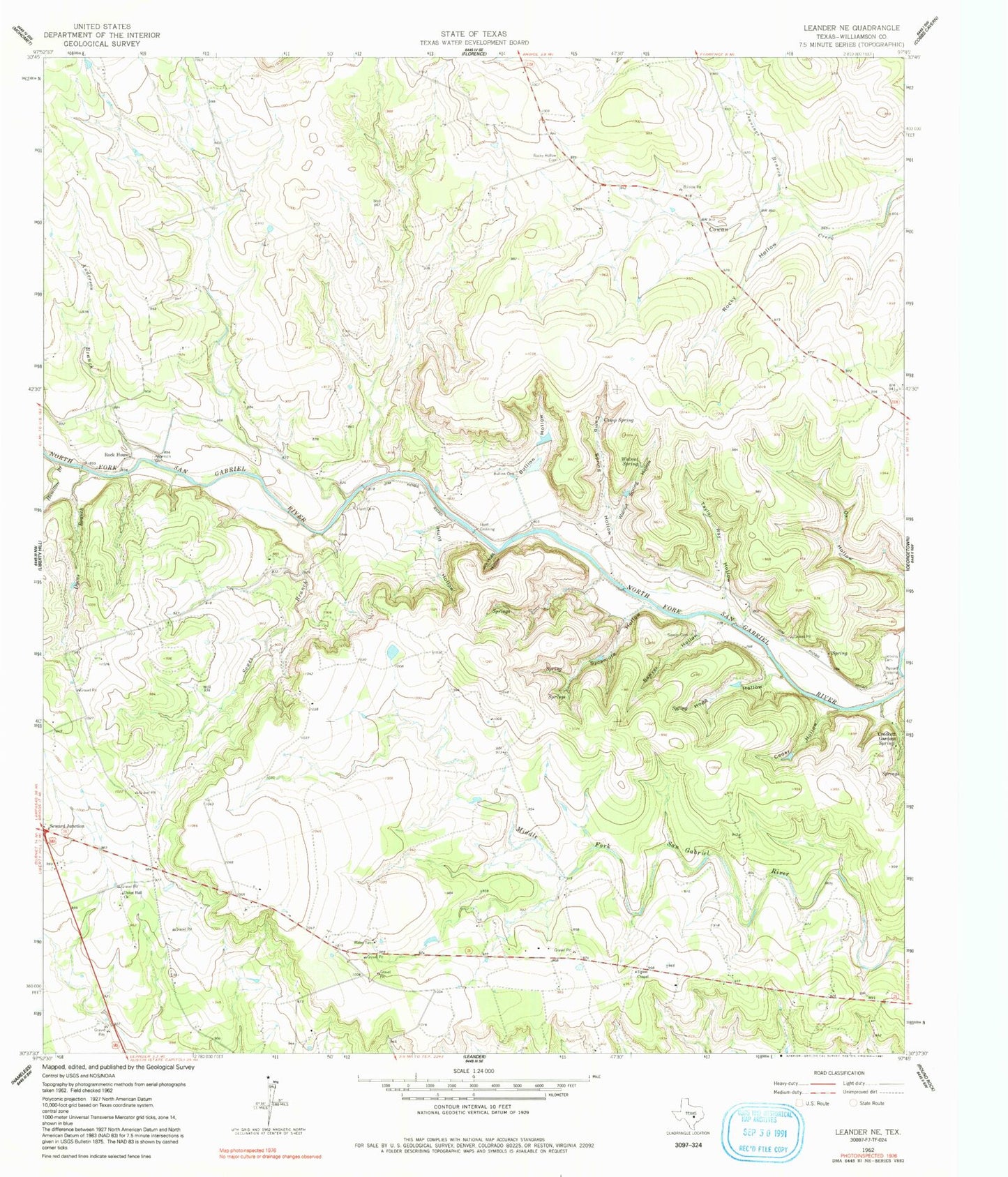 Classic USGS Leander NE Texas 7.5'x7.5' Topo Map Image