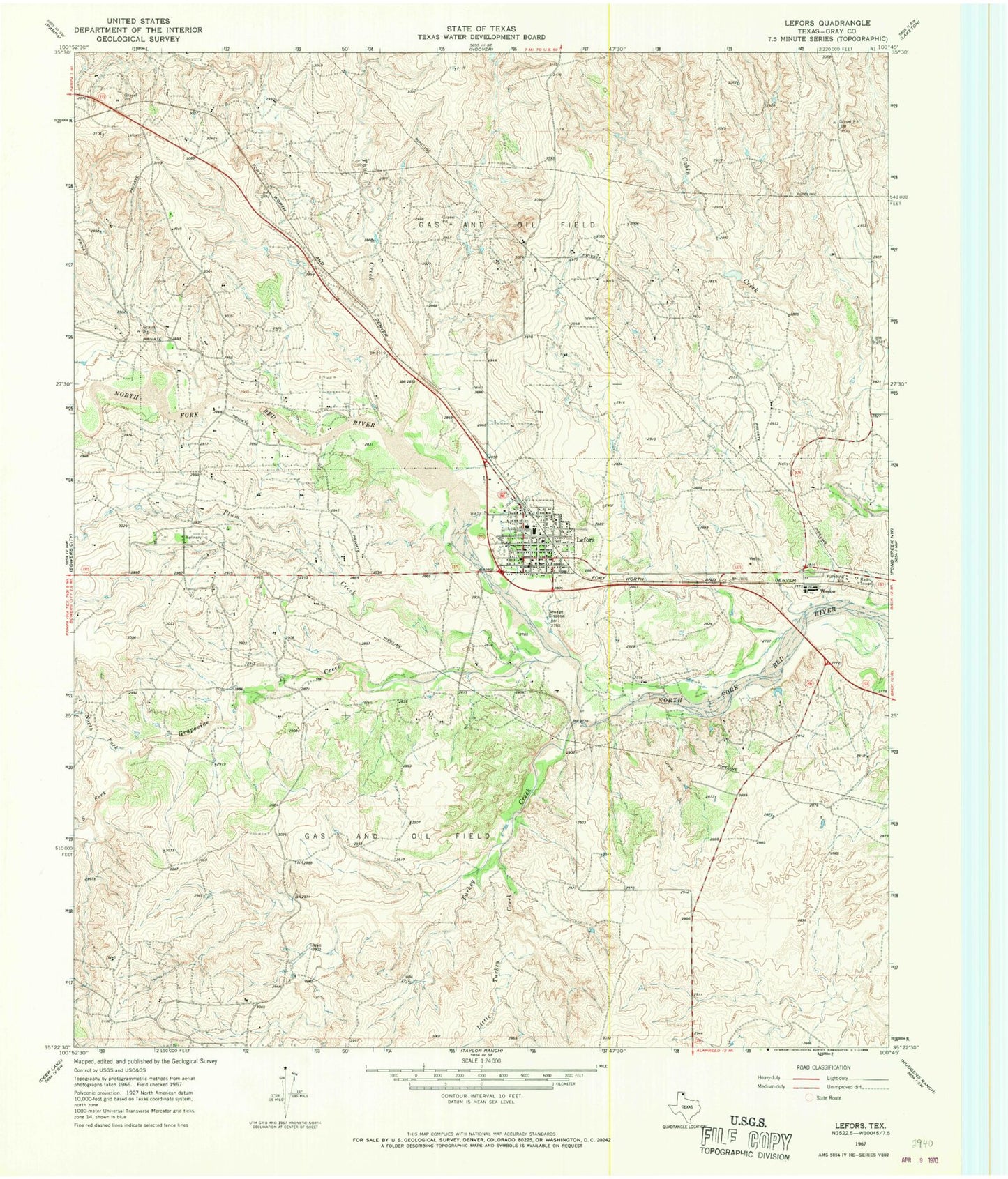 Classic USGS Lefors Texas 7.5'x7.5' Topo Map Image