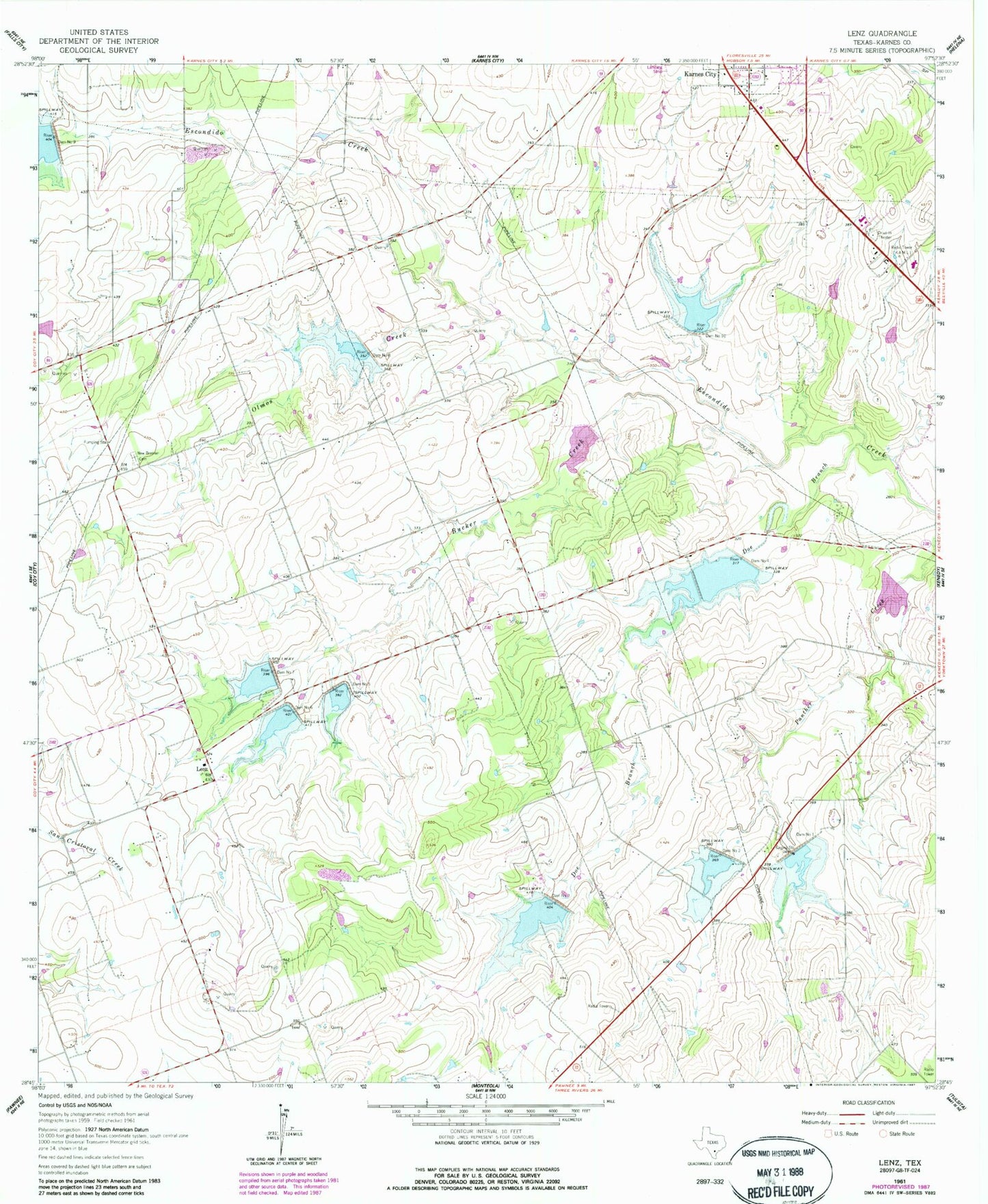 Classic USGS Lenz Texas 7.5'x7.5' Topo Map Image