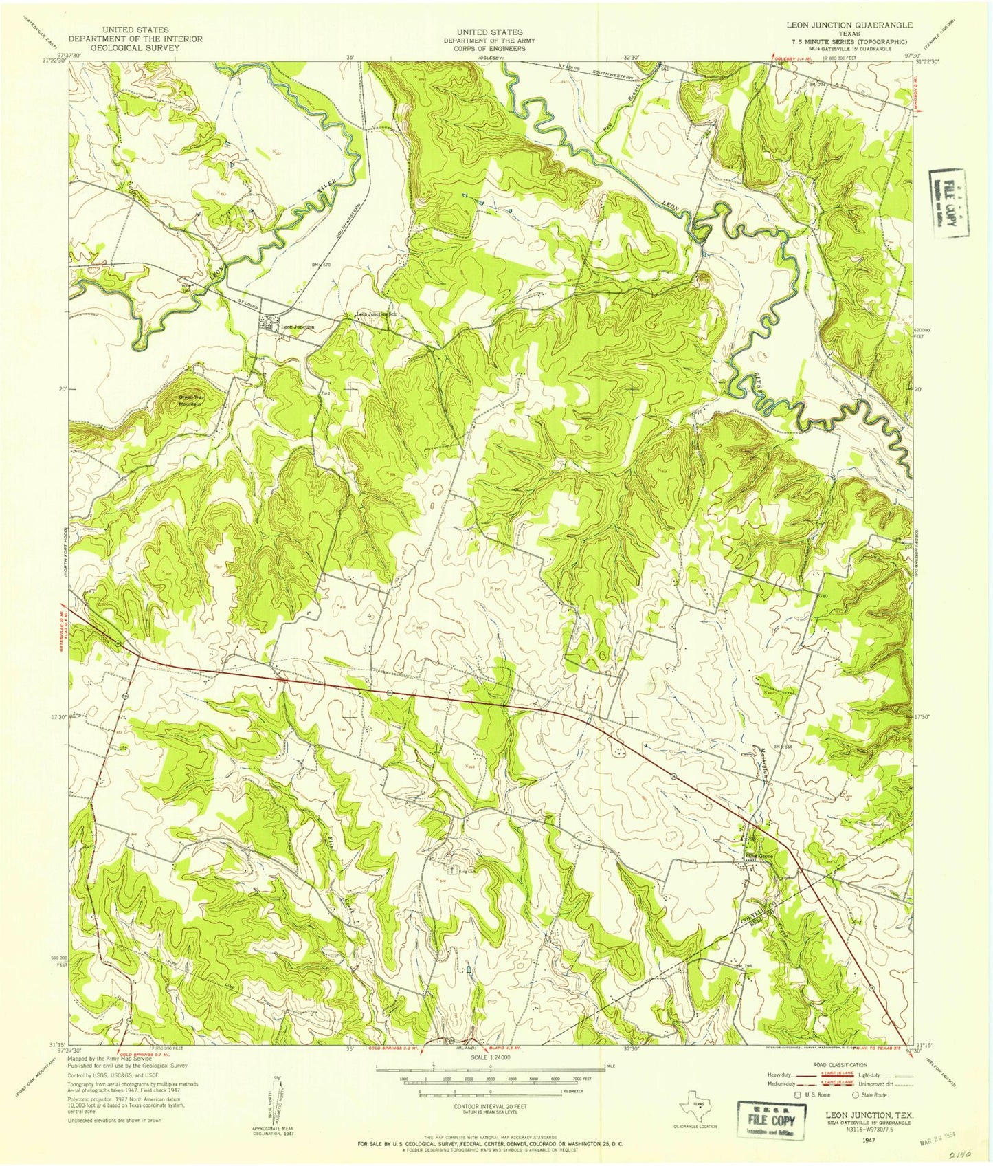 Classic USGS Leon Junction Texas 7.5'x7.5' Topo Map Image