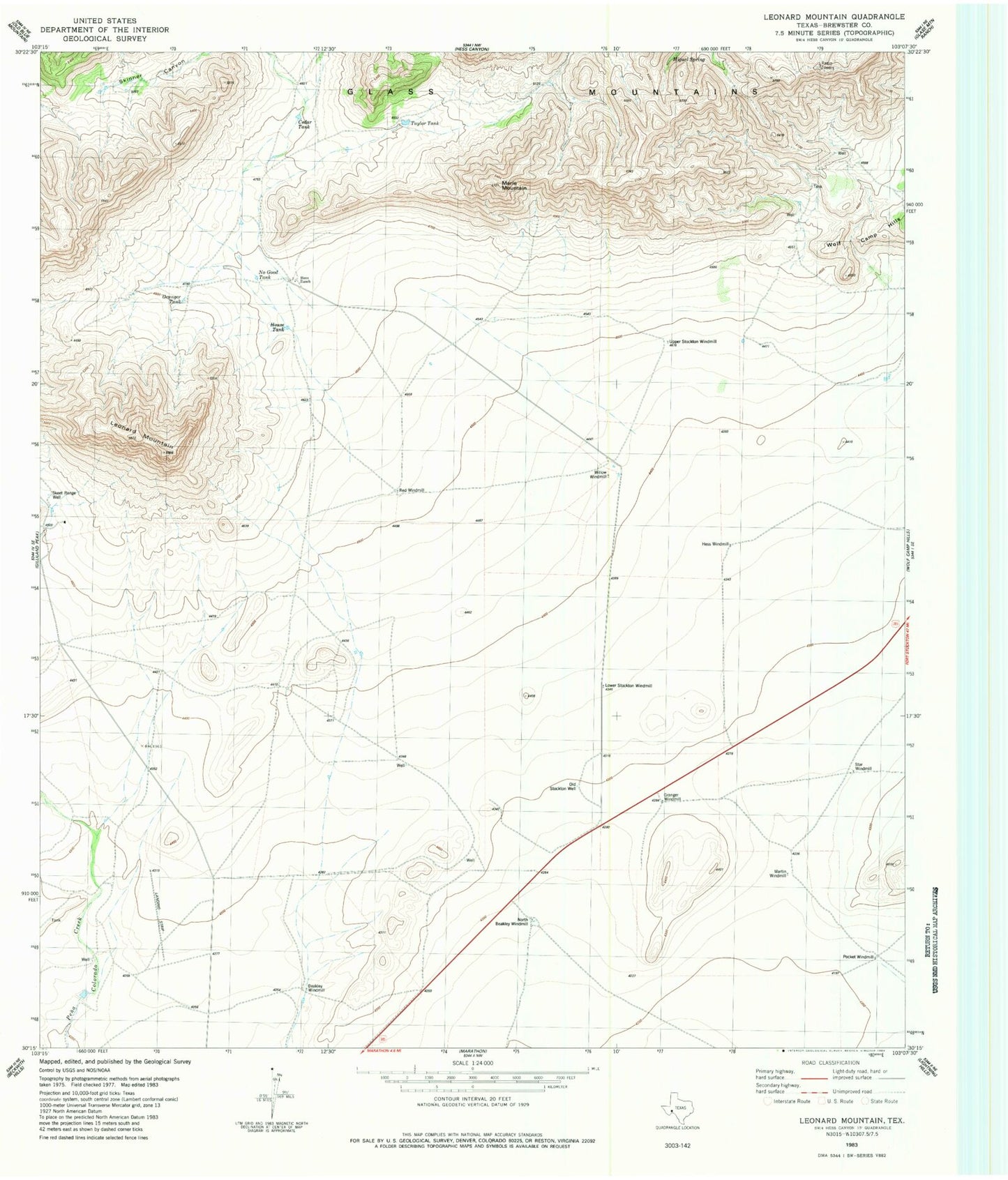 Classic USGS Leonard Mountain Texas 7.5'x7.5' Topo Map Image