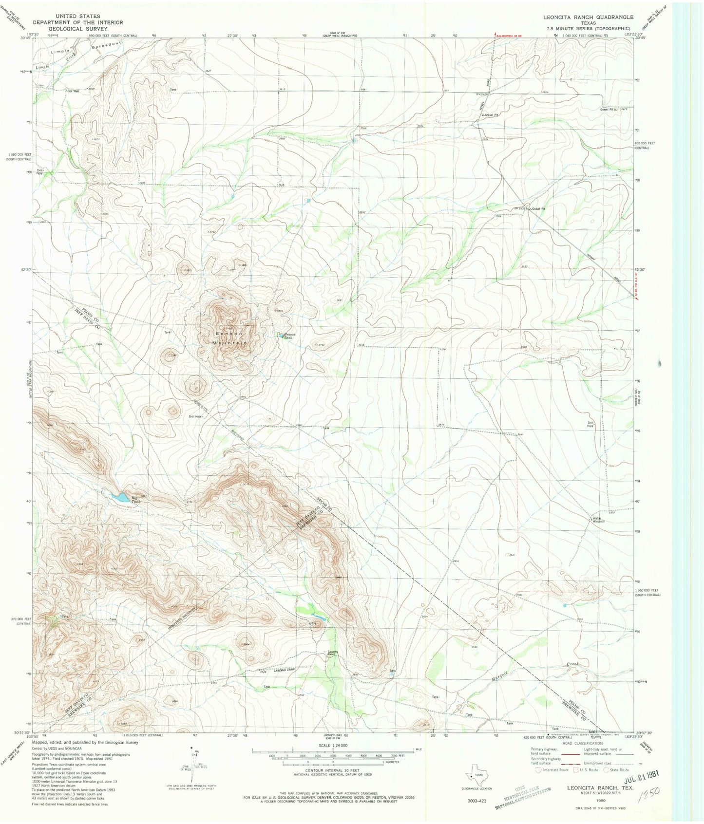 Classic USGS Leoncita Ranch Texas 7.5'x7.5' Topo Map Image