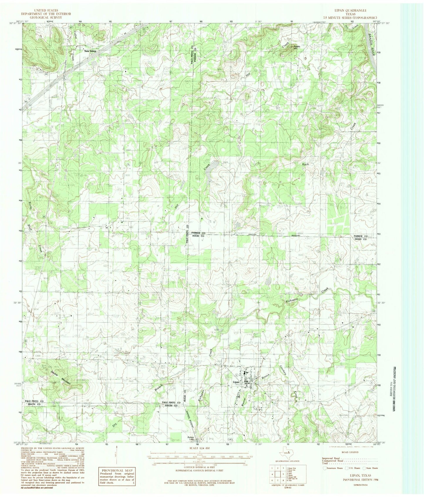 Classic USGS Lipan Texas 7.5'x7.5' Topo Map Image