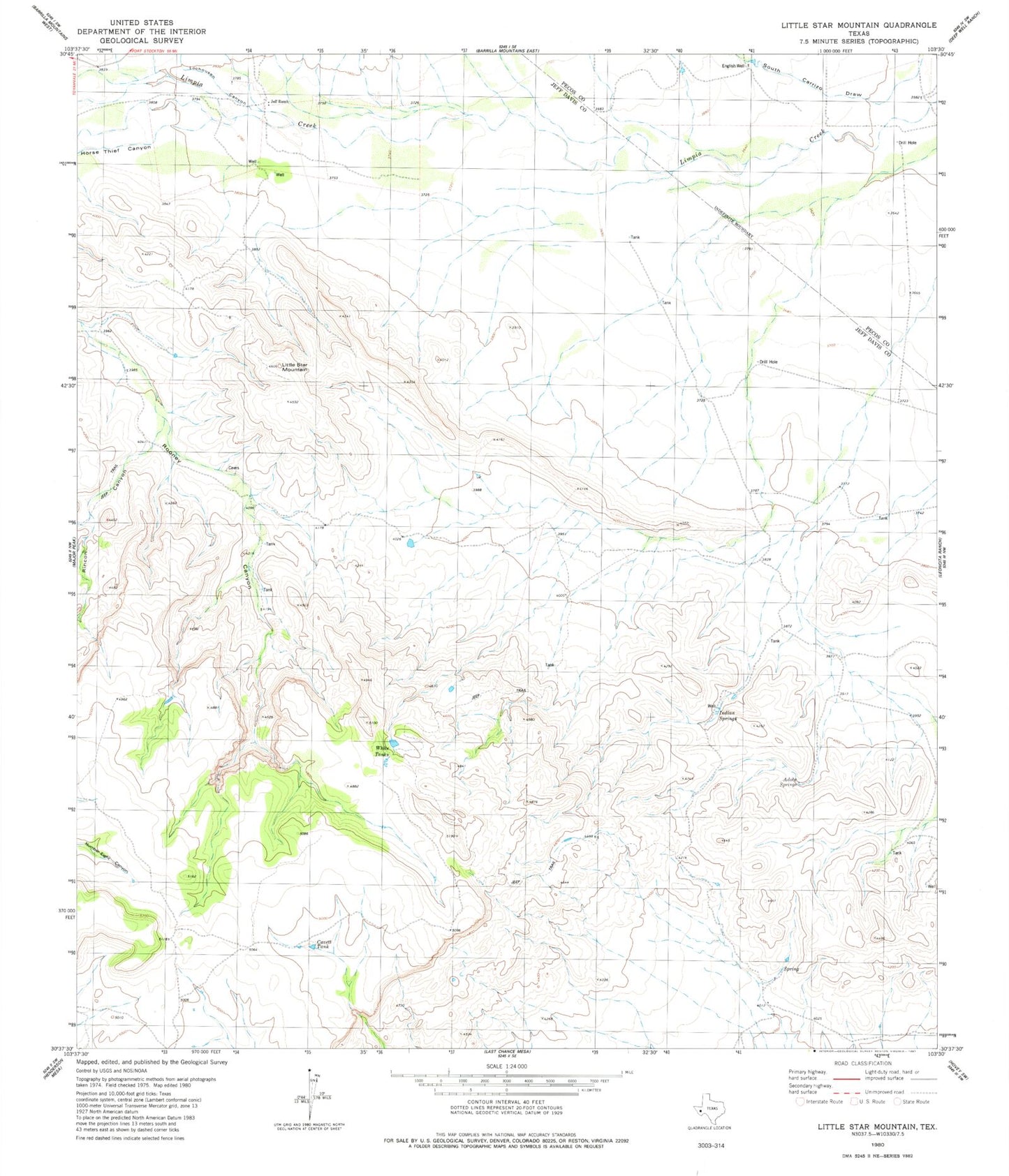 Classic USGS Little Star Mountain Texas 7.5'x7.5' Topo Map Image