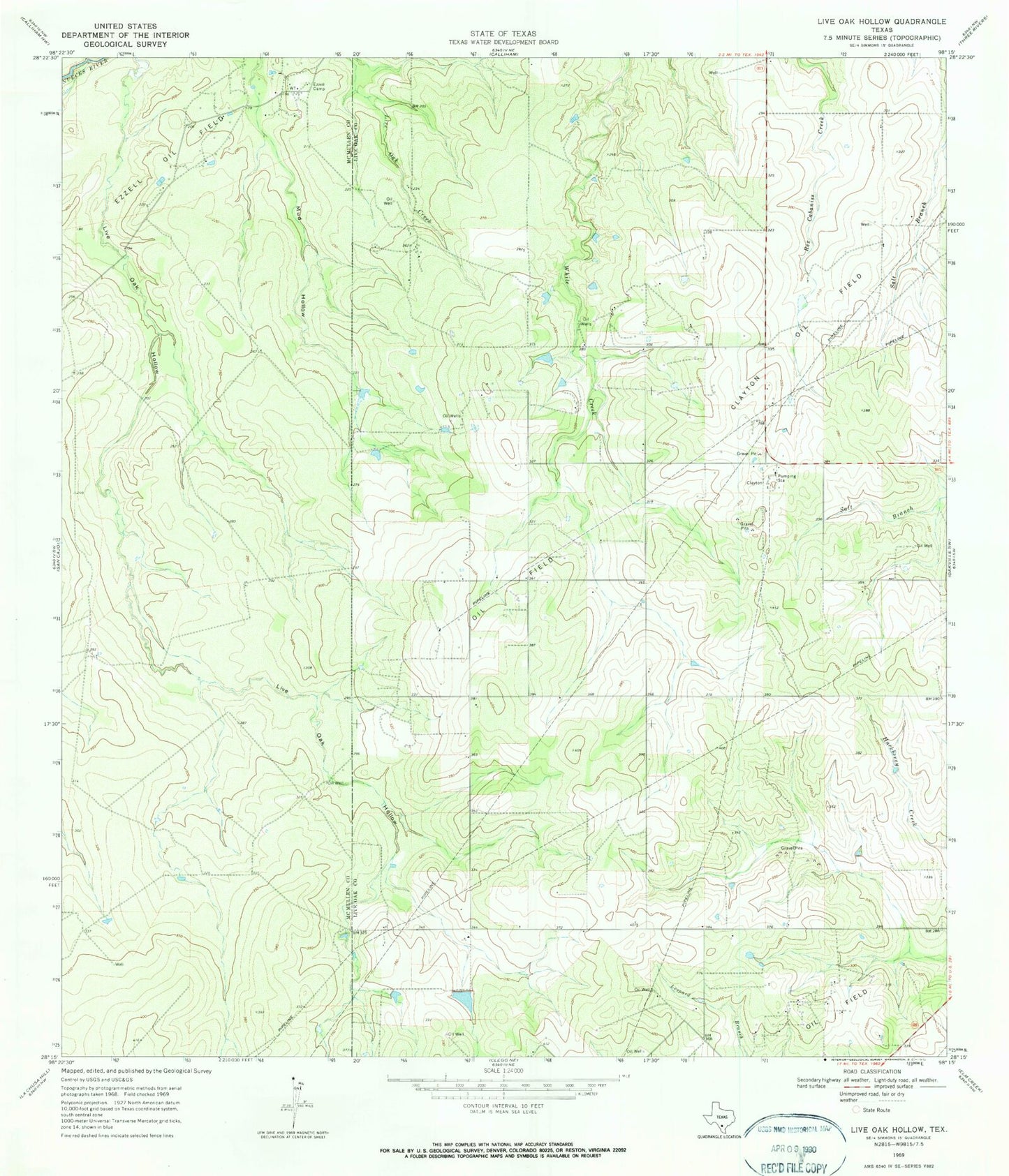 Classic USGS Live Oak Hollow Texas 7.5'x7.5' Topo Map Image