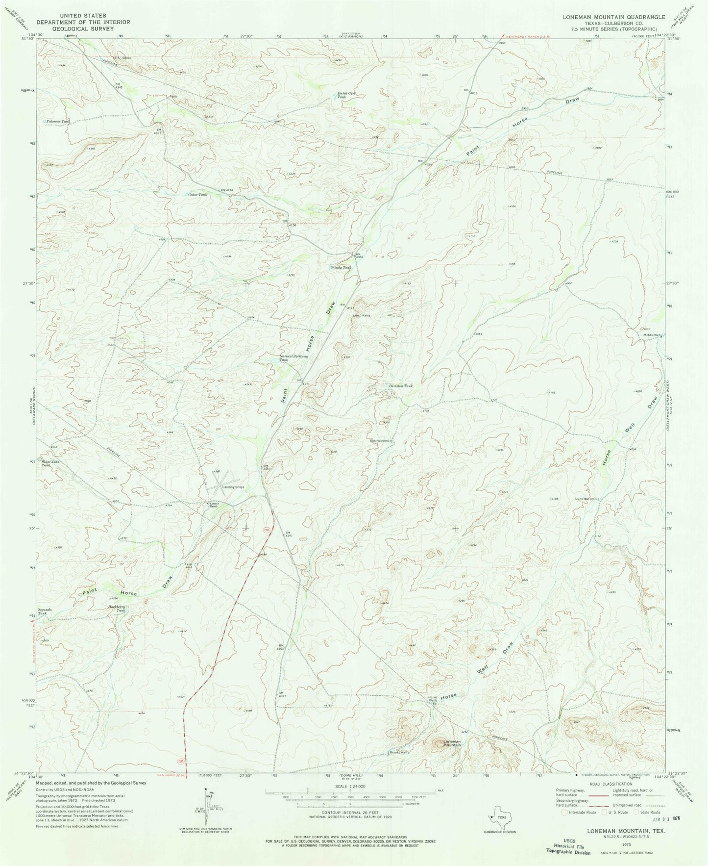 Classic USGS Loneman Mountain Texas 7.5'x7.5' Topo Map Image