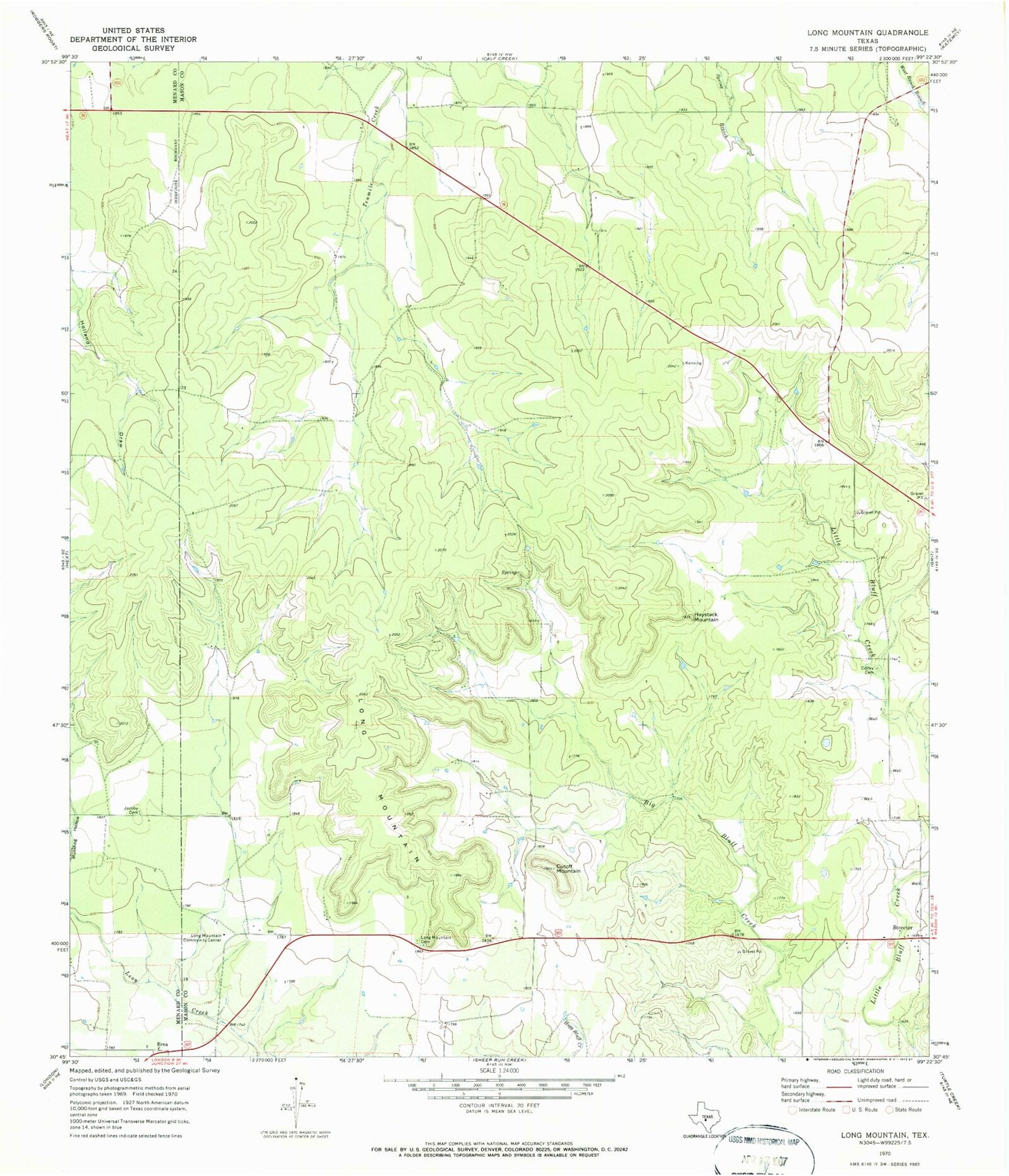 Classic USGS Long Mountain Texas 7.5'x7.5' Topo Map Image
