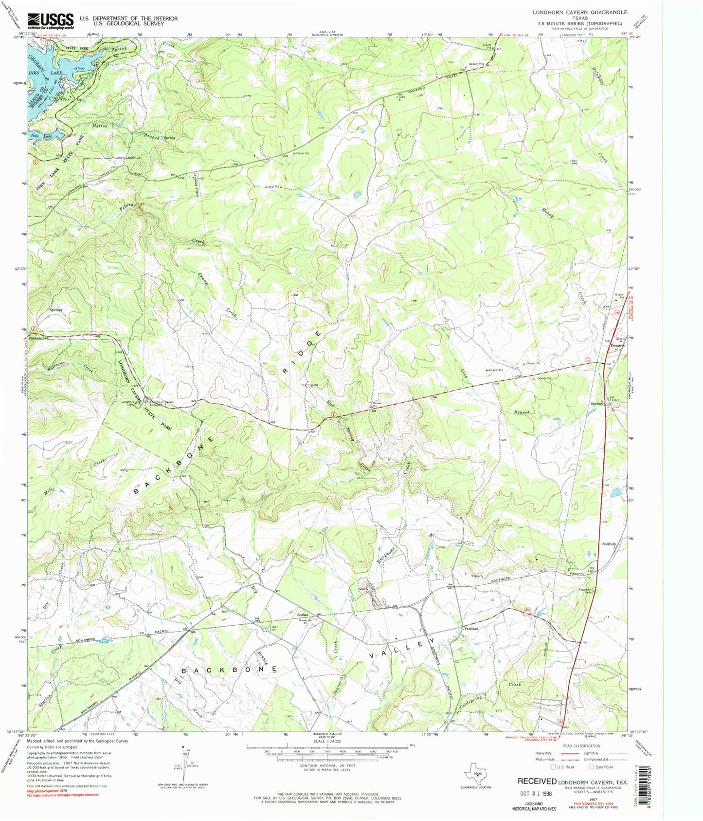 Classic USGS Longhorn Cavern Texas 7.5'x7.5' Topo Map Image