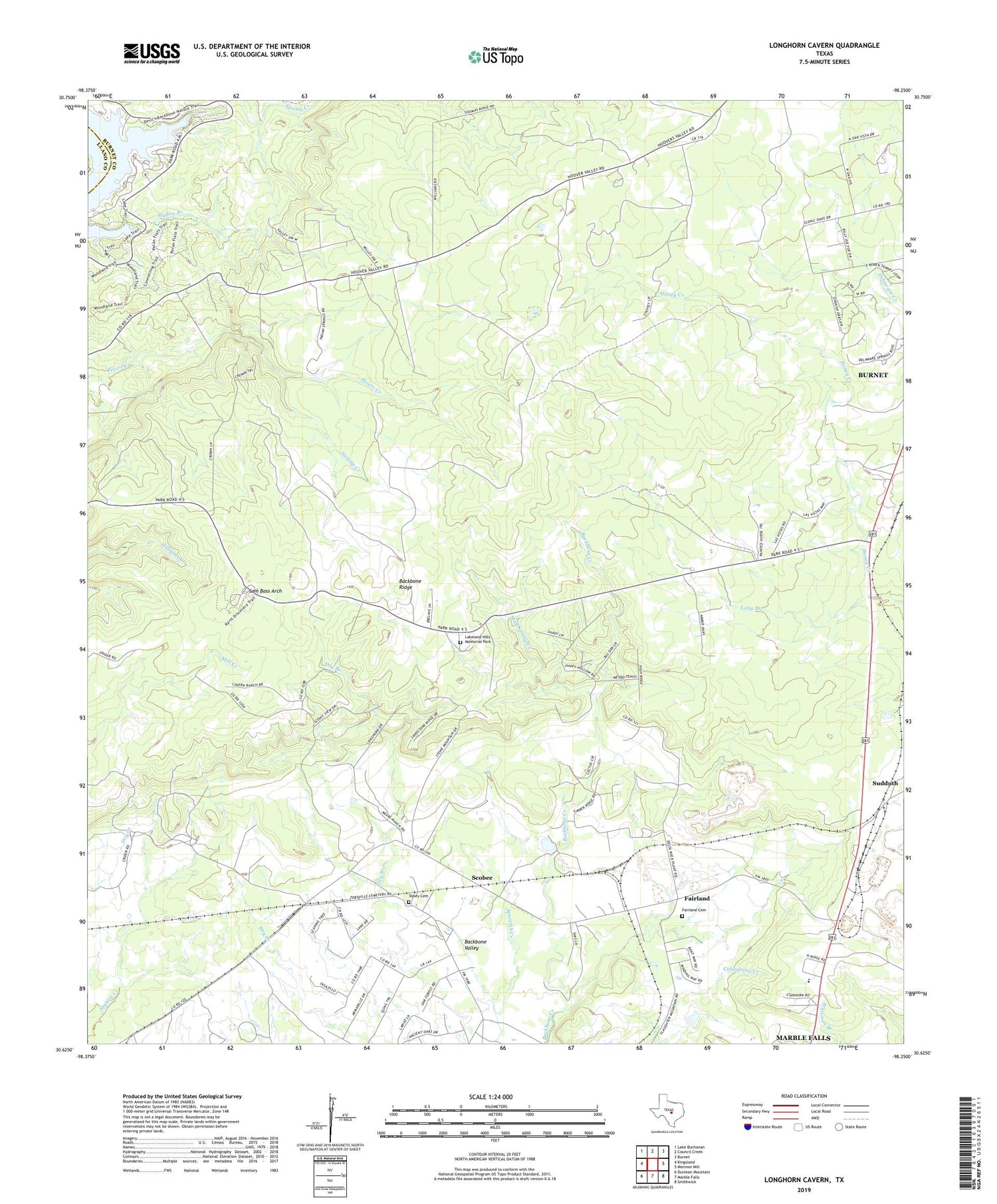 Longhorn Cavern Texas US Topo Map Image