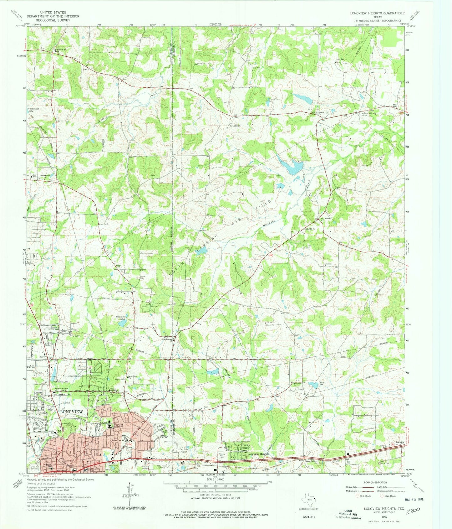 Classic USGS Longview Heights Texas 7.5'x7.5' Topo Map Image