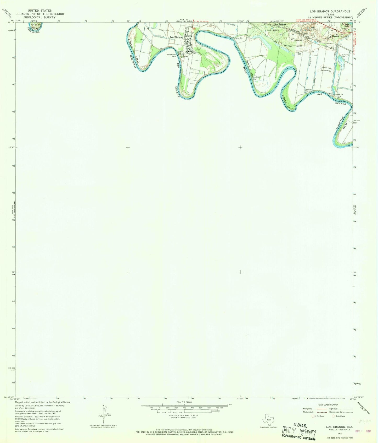 Classic USGS Los Ebanos Texas 7.5'x7.5' Topo Map Image