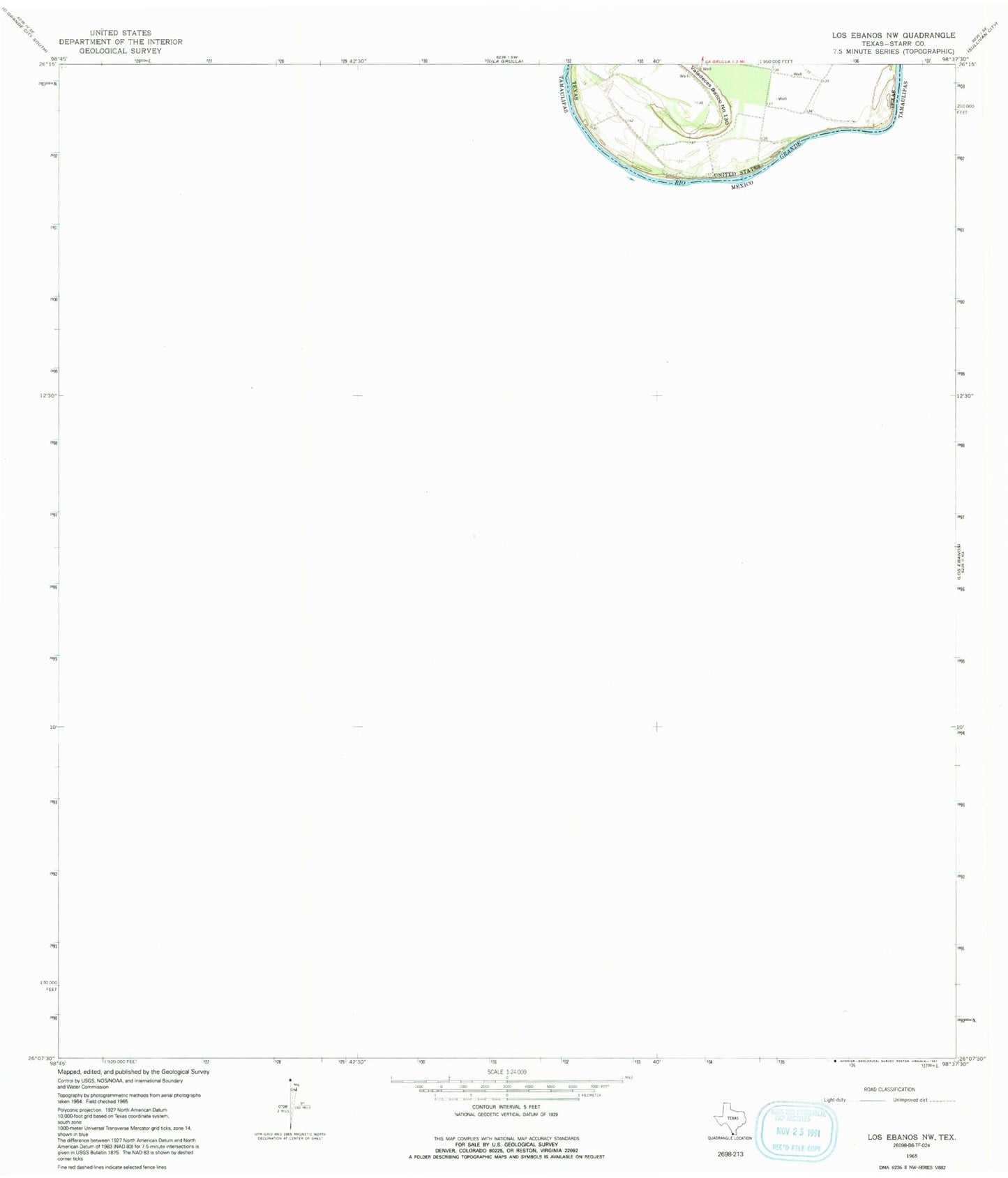 Classic USGS Los Ebanos NW Texas 7.5'x7.5' Topo Map Image
