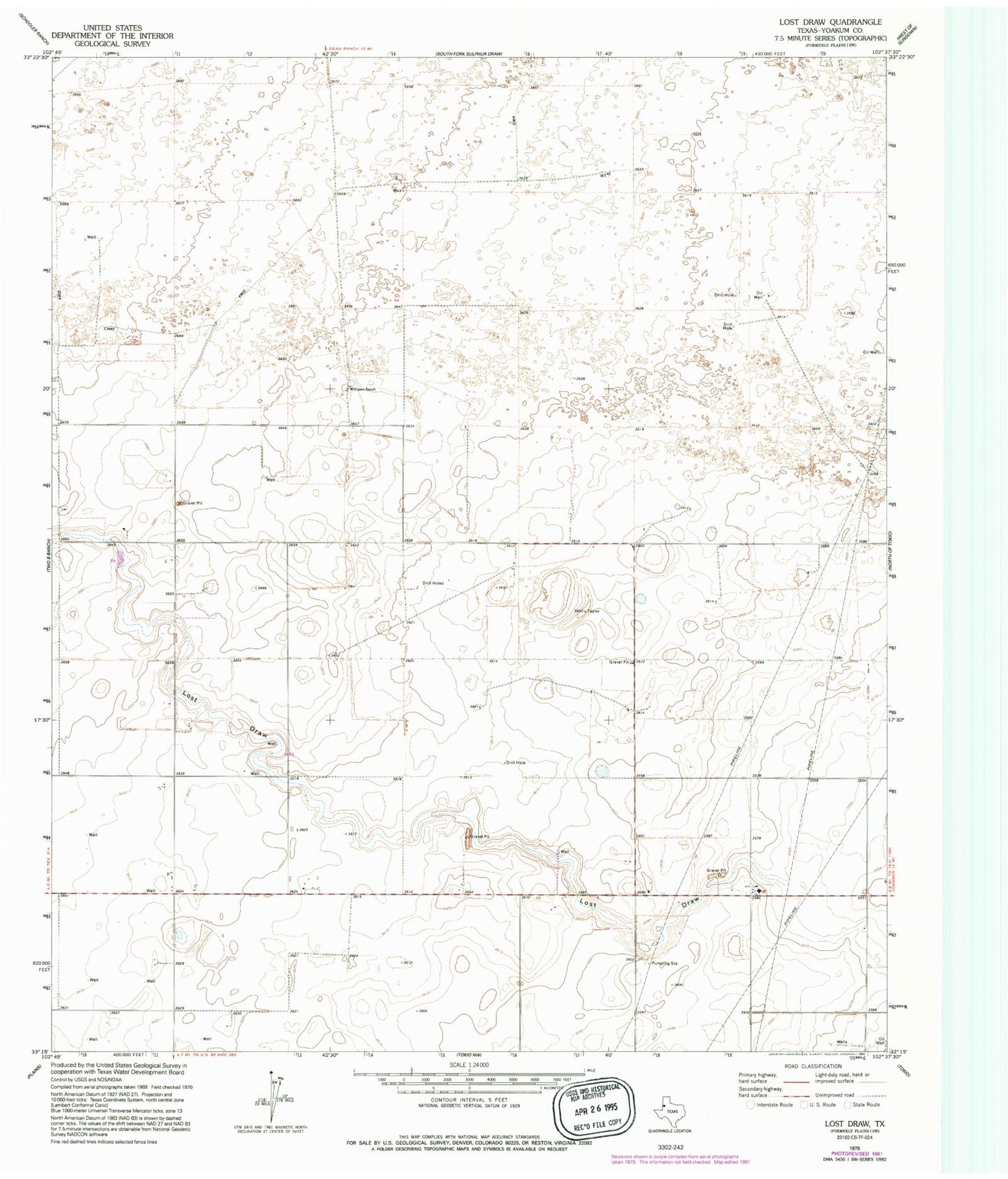 Classic USGS Lost Draw Texas 7.5'x7.5' Topo Map Image