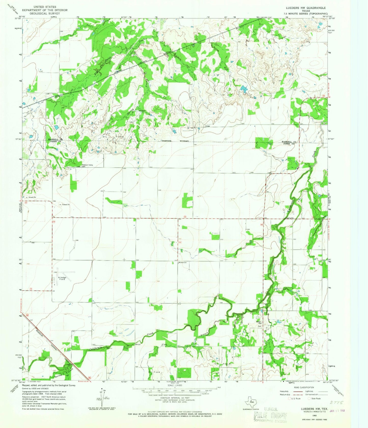 Classic USGS Lueders NW Texas 7.5'x7.5' Topo Map Image
