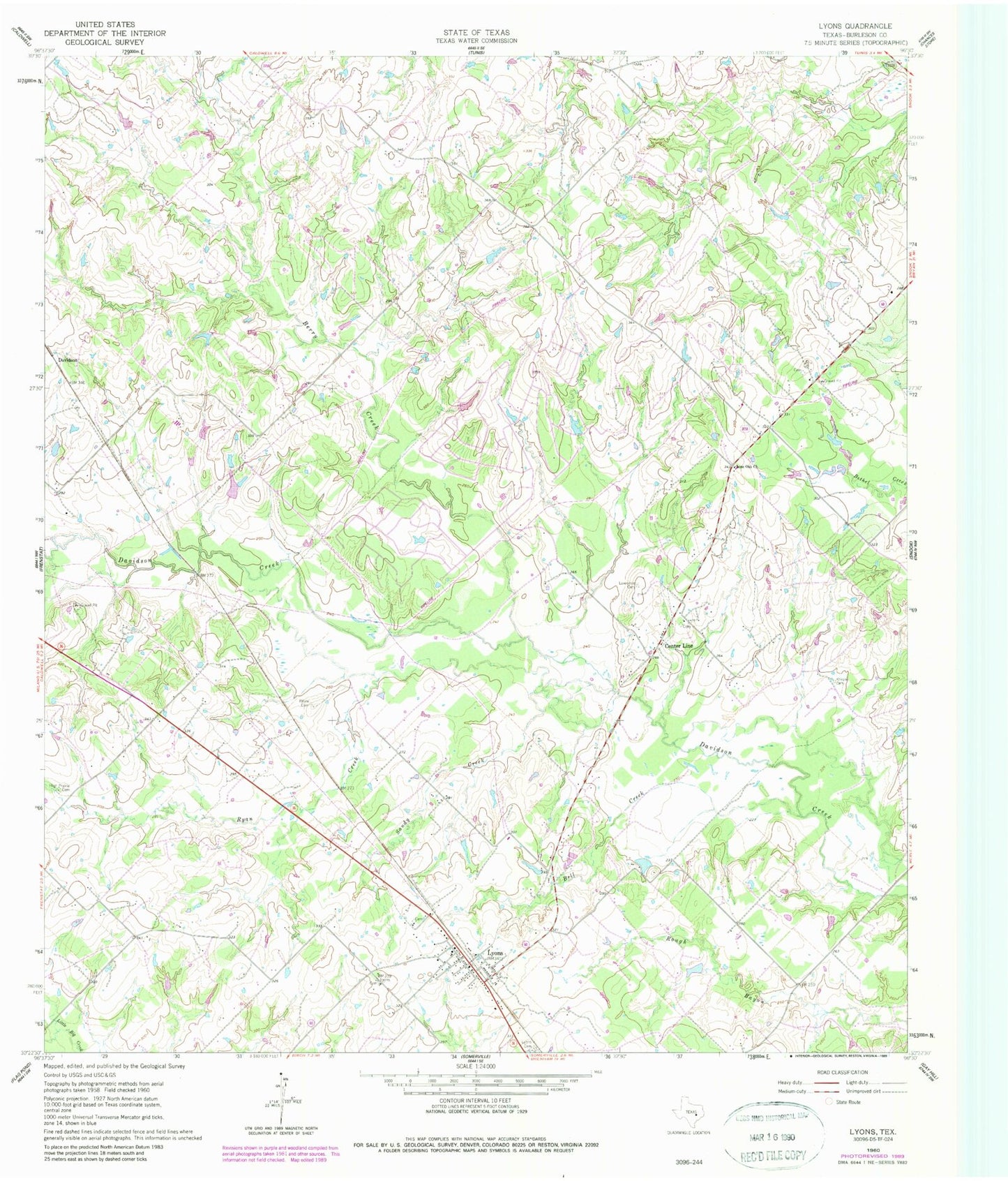 Classic USGS Lyons Texas 7.5'x7.5' Topo Map Image