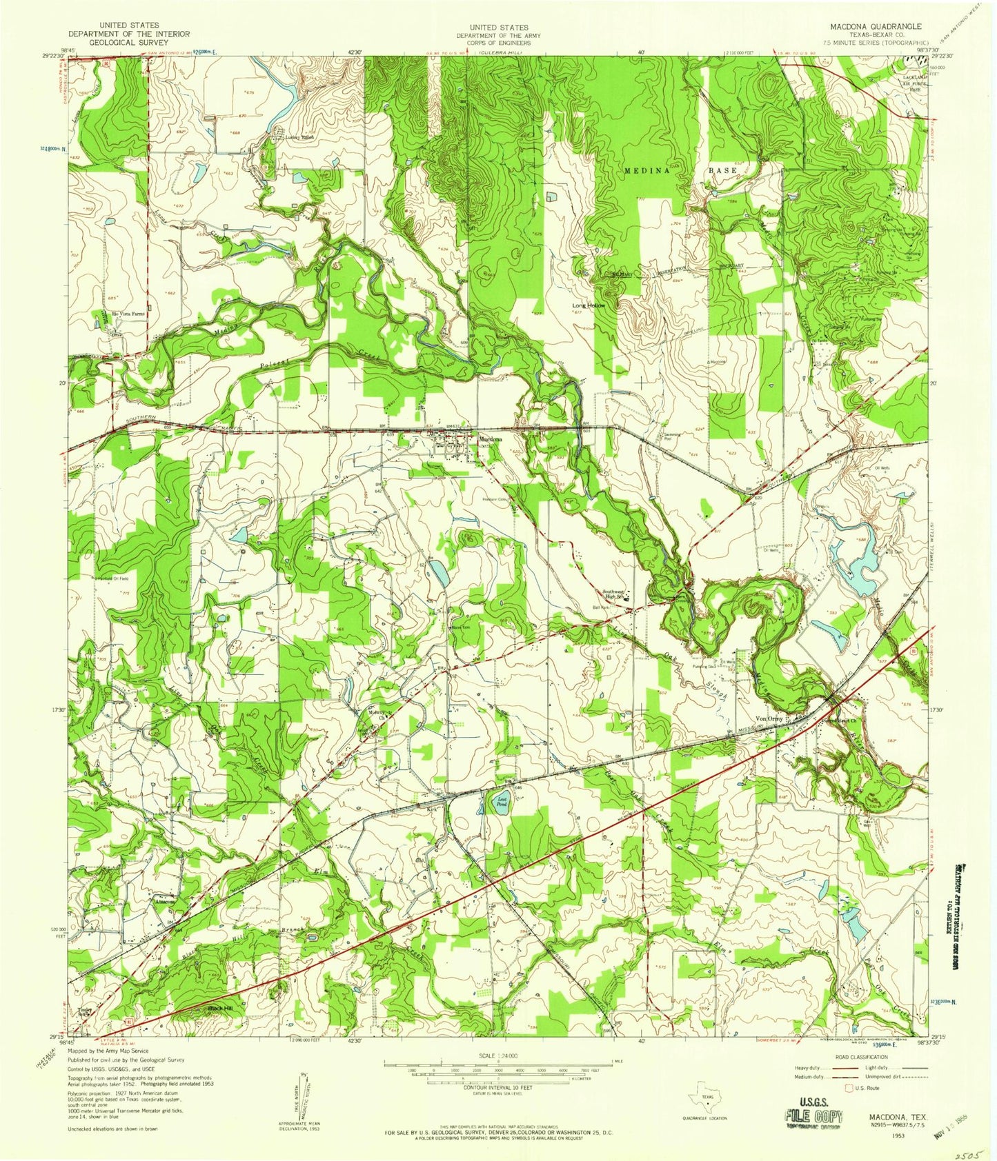 Classic USGS Macdona Texas 7.5'x7.5' Topo Map Image