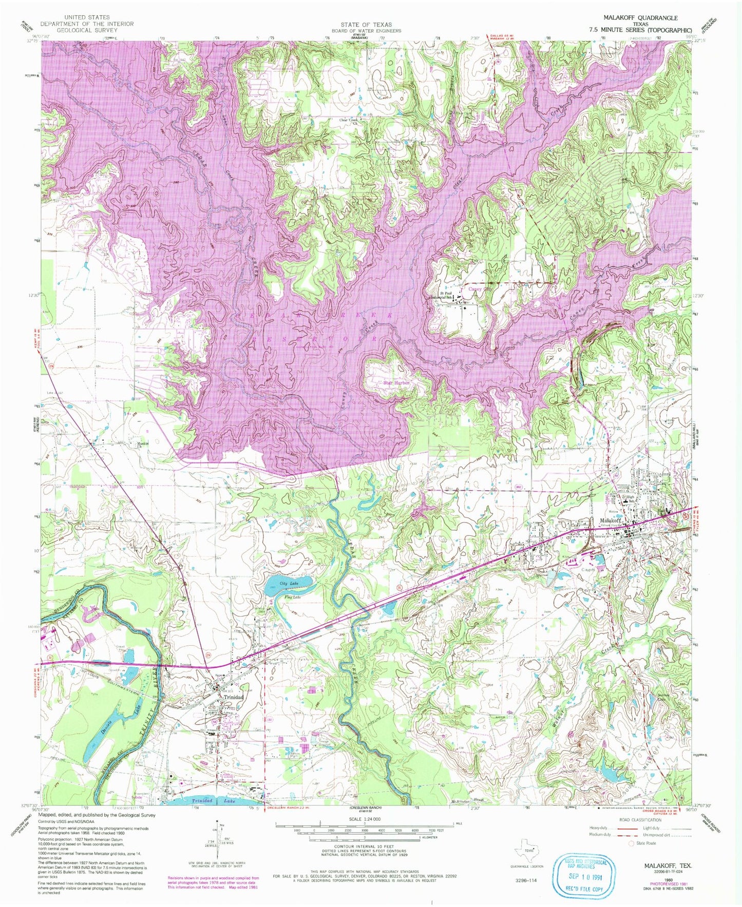 Classic USGS Malakoff Texas 7.5'x7.5' Topo Map Image