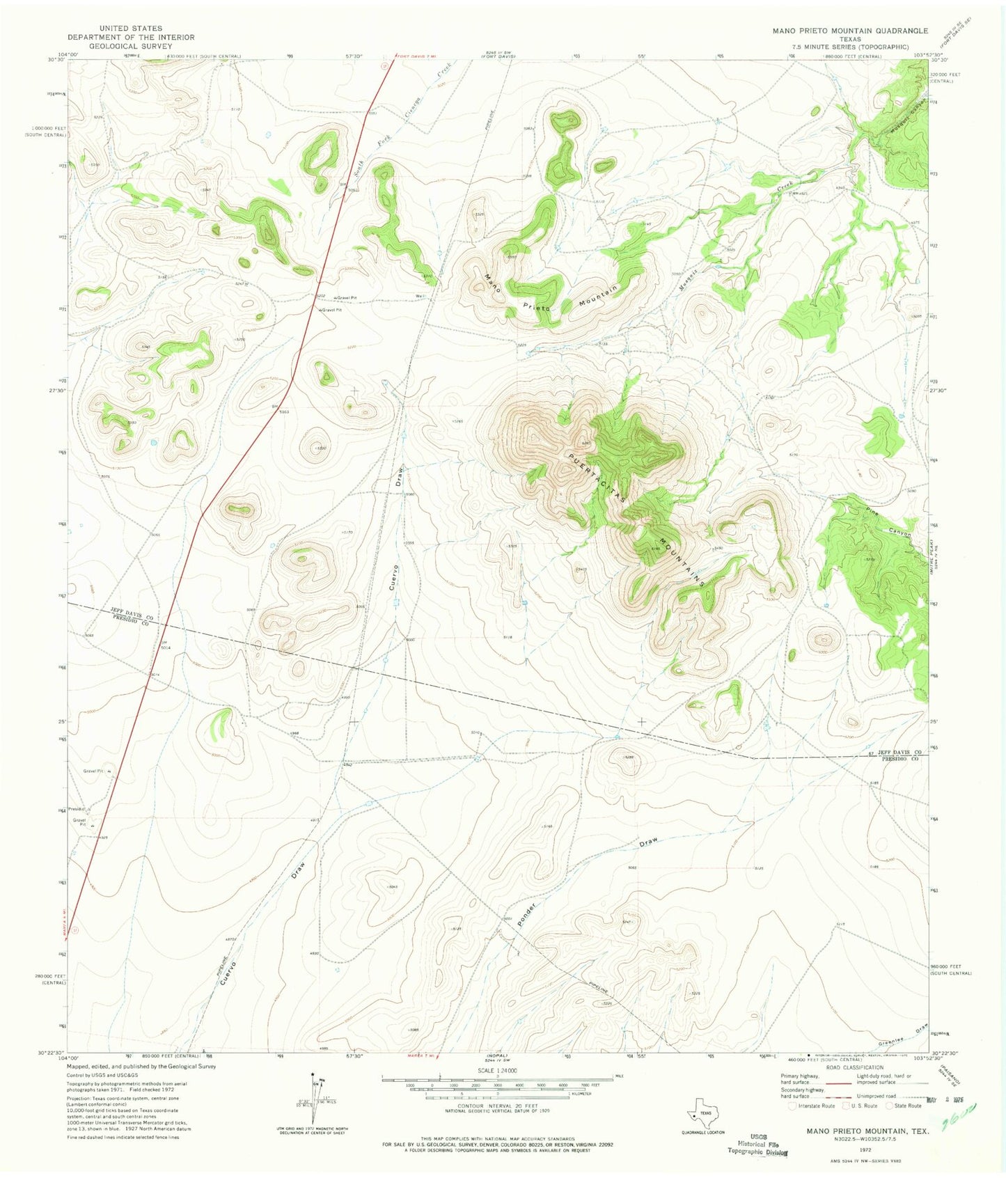 Classic USGS Mano Prieto Mountain Texas 7.5'x7.5' Topo Map Image
