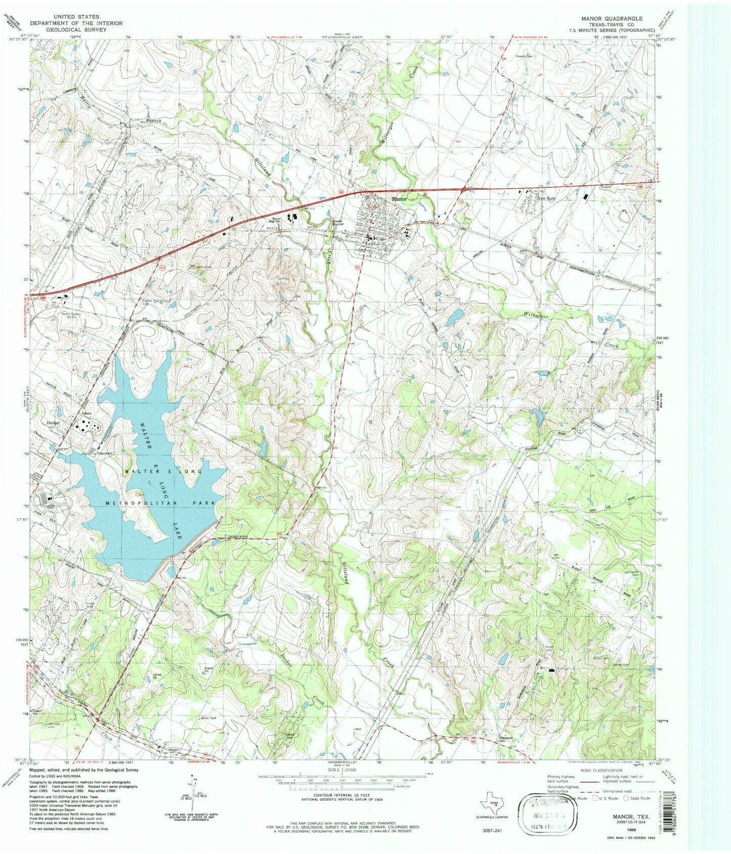 Classic USGS Manor Texas 7.5'x7.5' Topo Map Image