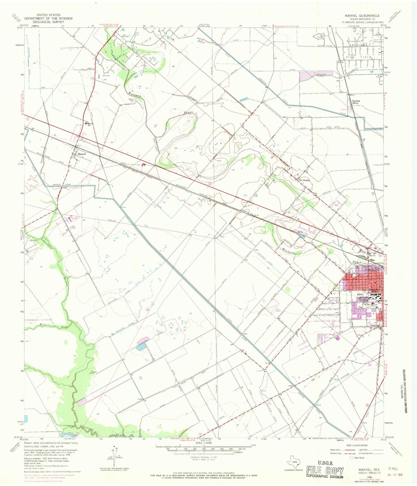 Classic USGS Manvel Texas 7.5'x7.5' Topo Map Image